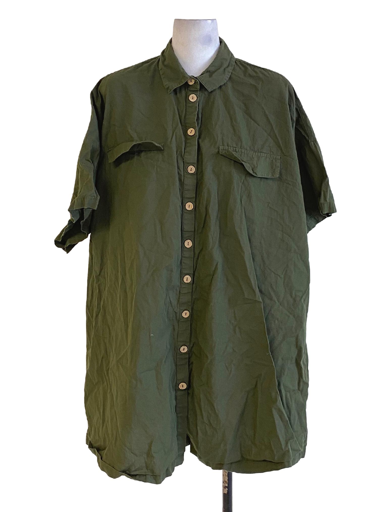 Moss Green Buttoned Down Wing Collar Tent Shirt Dress