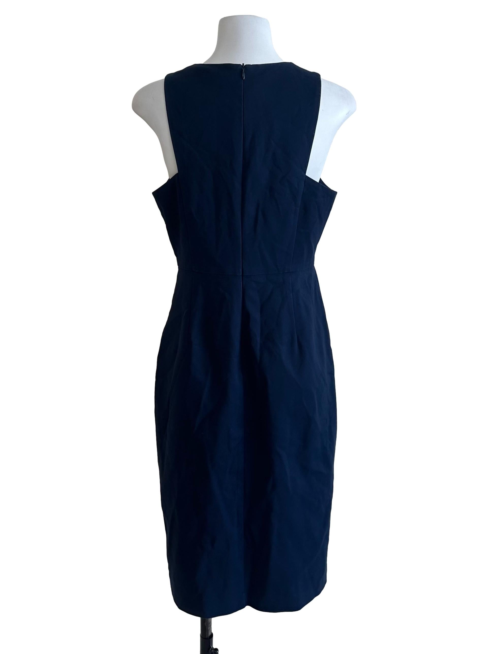 Navy Blue Round Neck Button Slit Dress