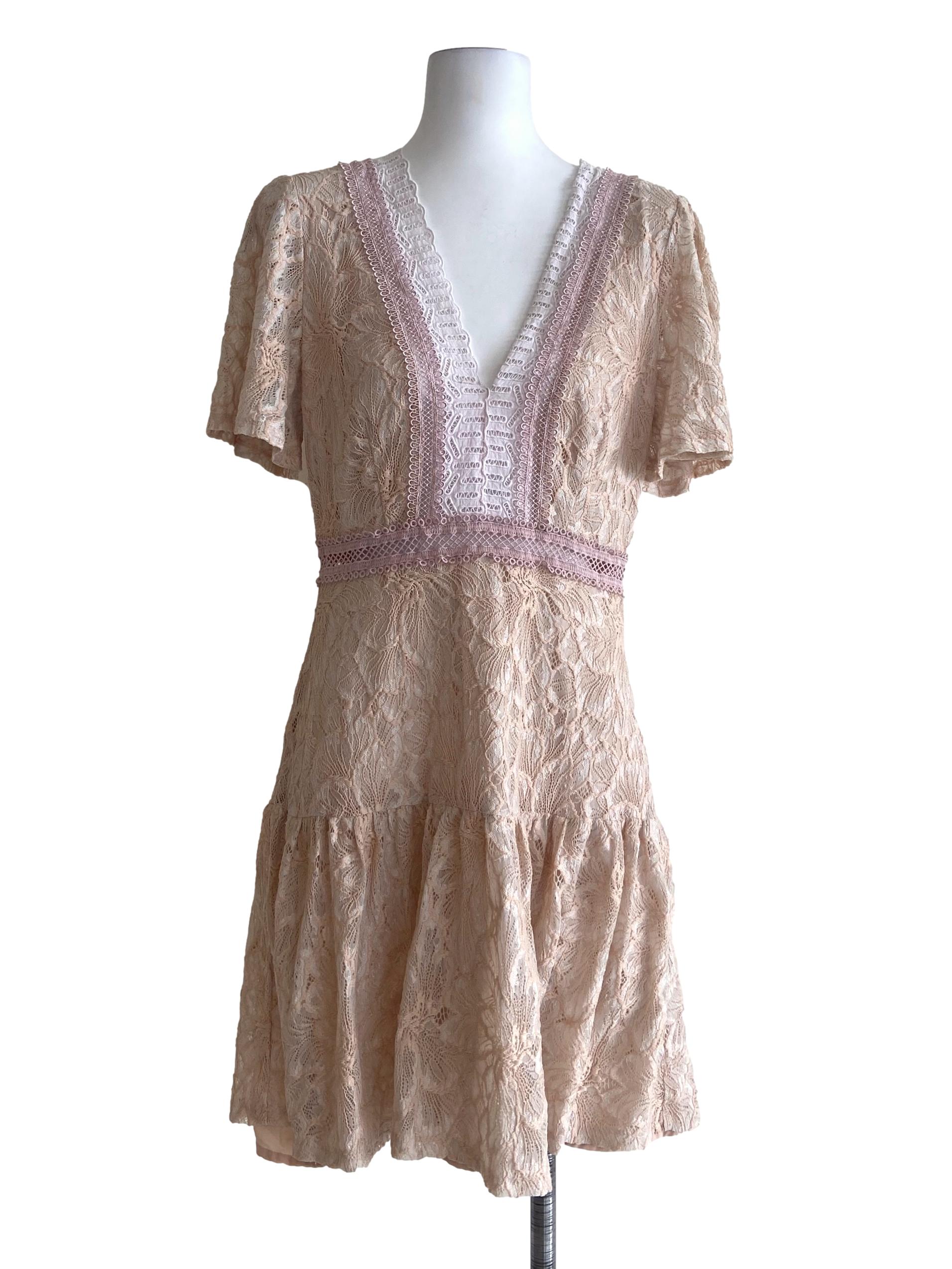 Ivory Beige Floral Lace V-Neck Dress