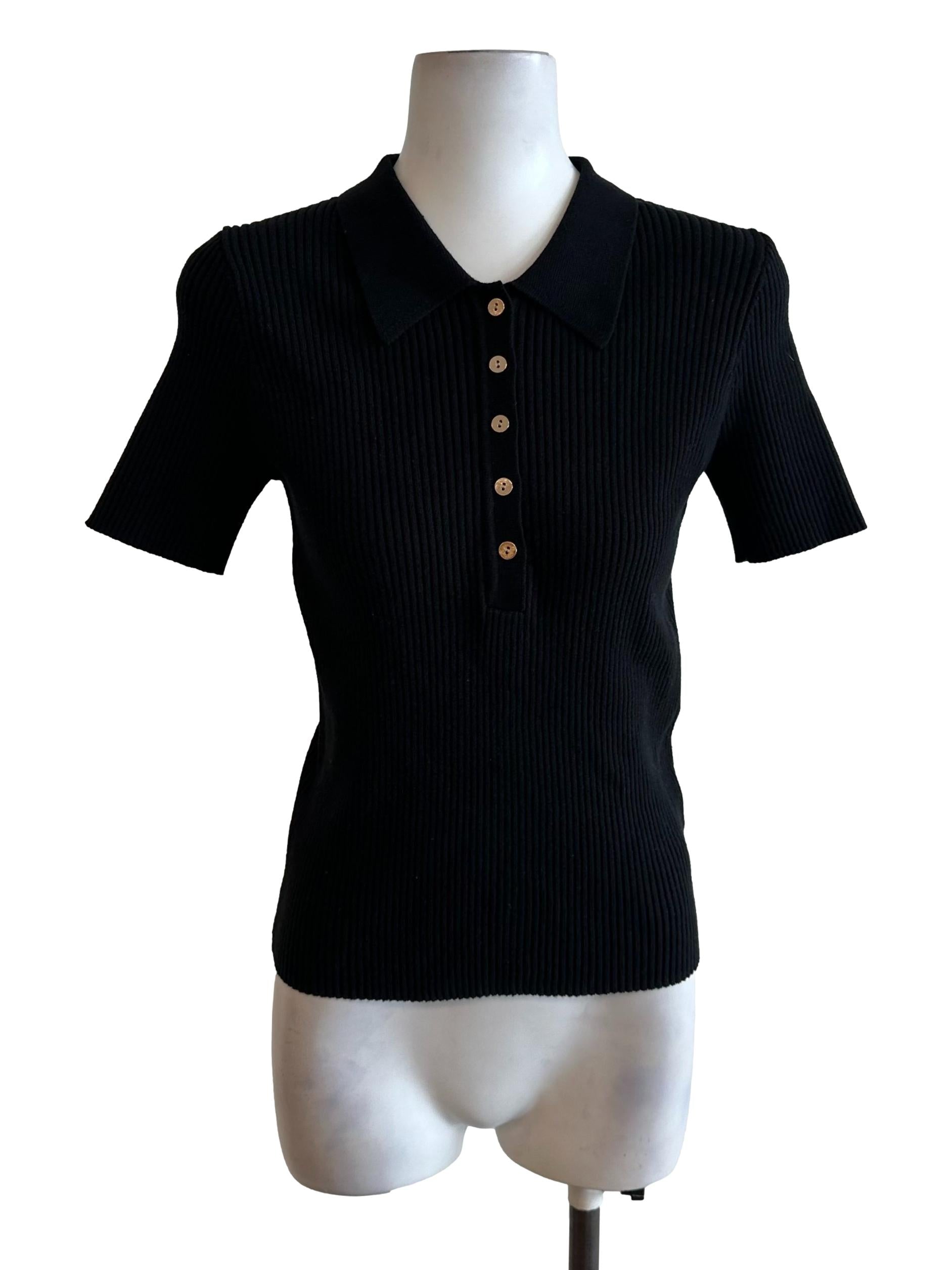 Onyx Black Knit Button Collar Top