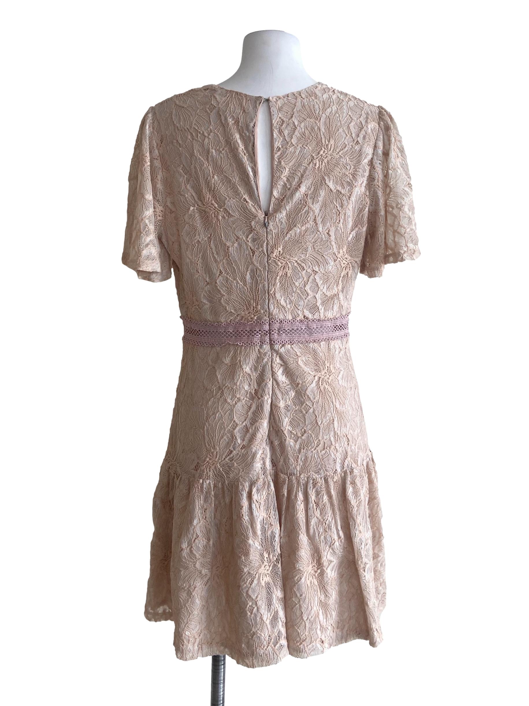 Ivory Beige Floral Lace V-Neck Dress