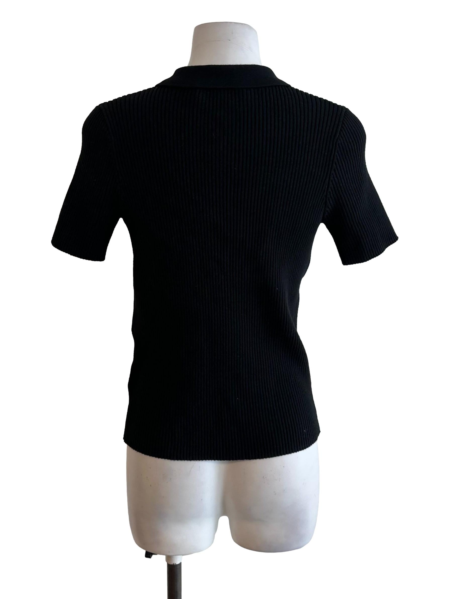 Onyx Black Knit Button Collar Top