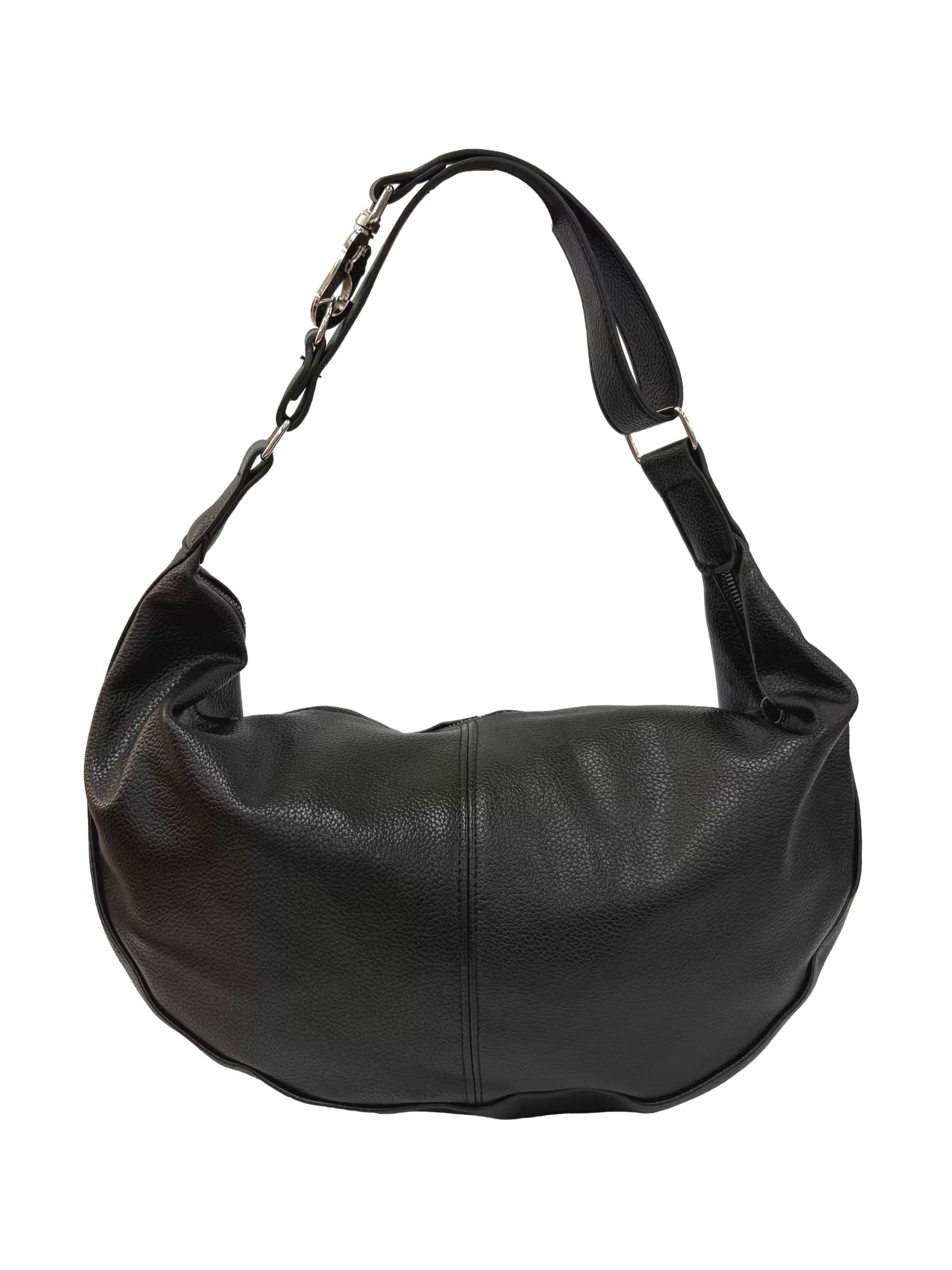 Black Leather Crescent Hobo Tote Bag