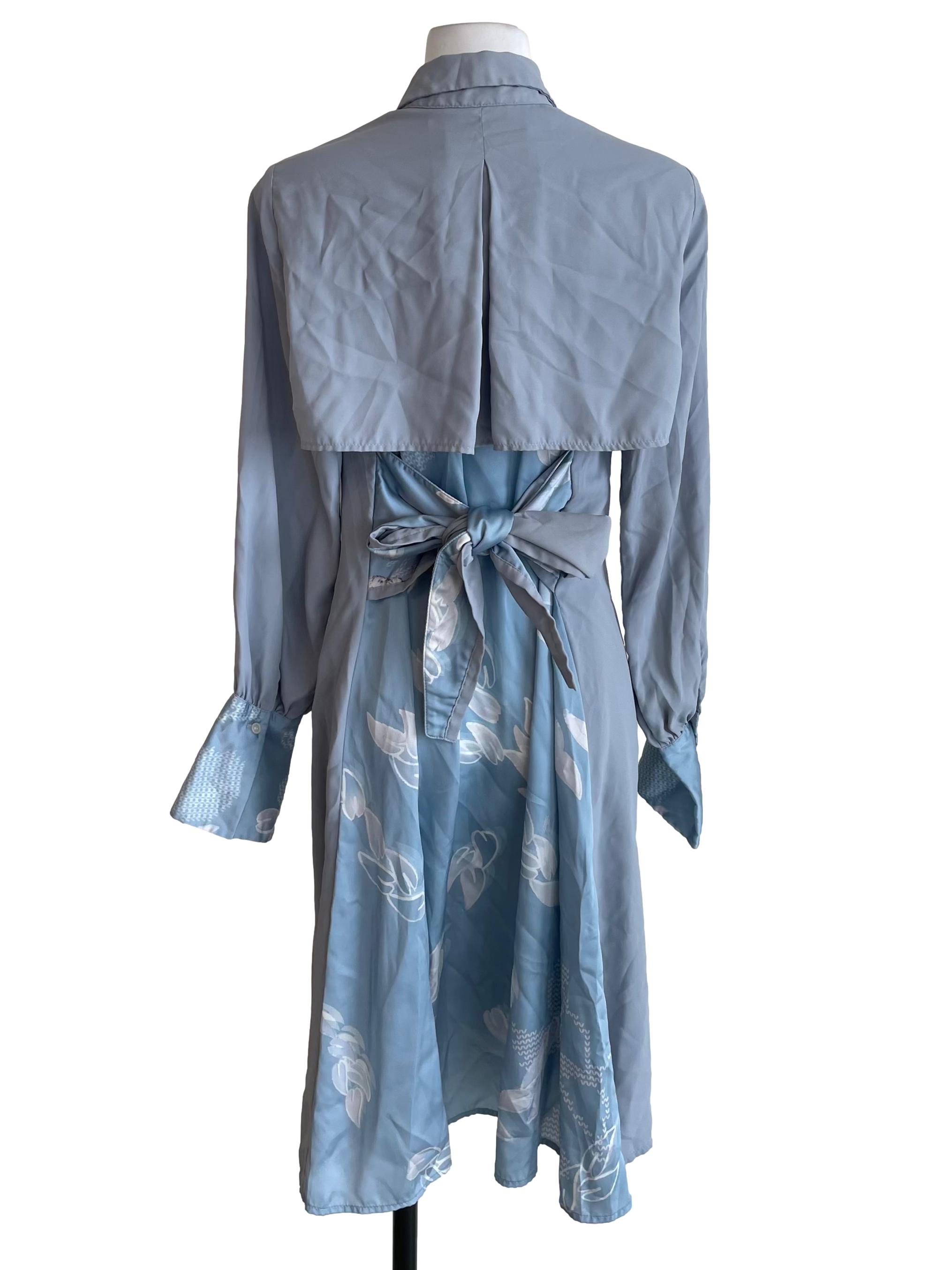 Stone Blue Tie Bow Double Fabric Shirt Dress