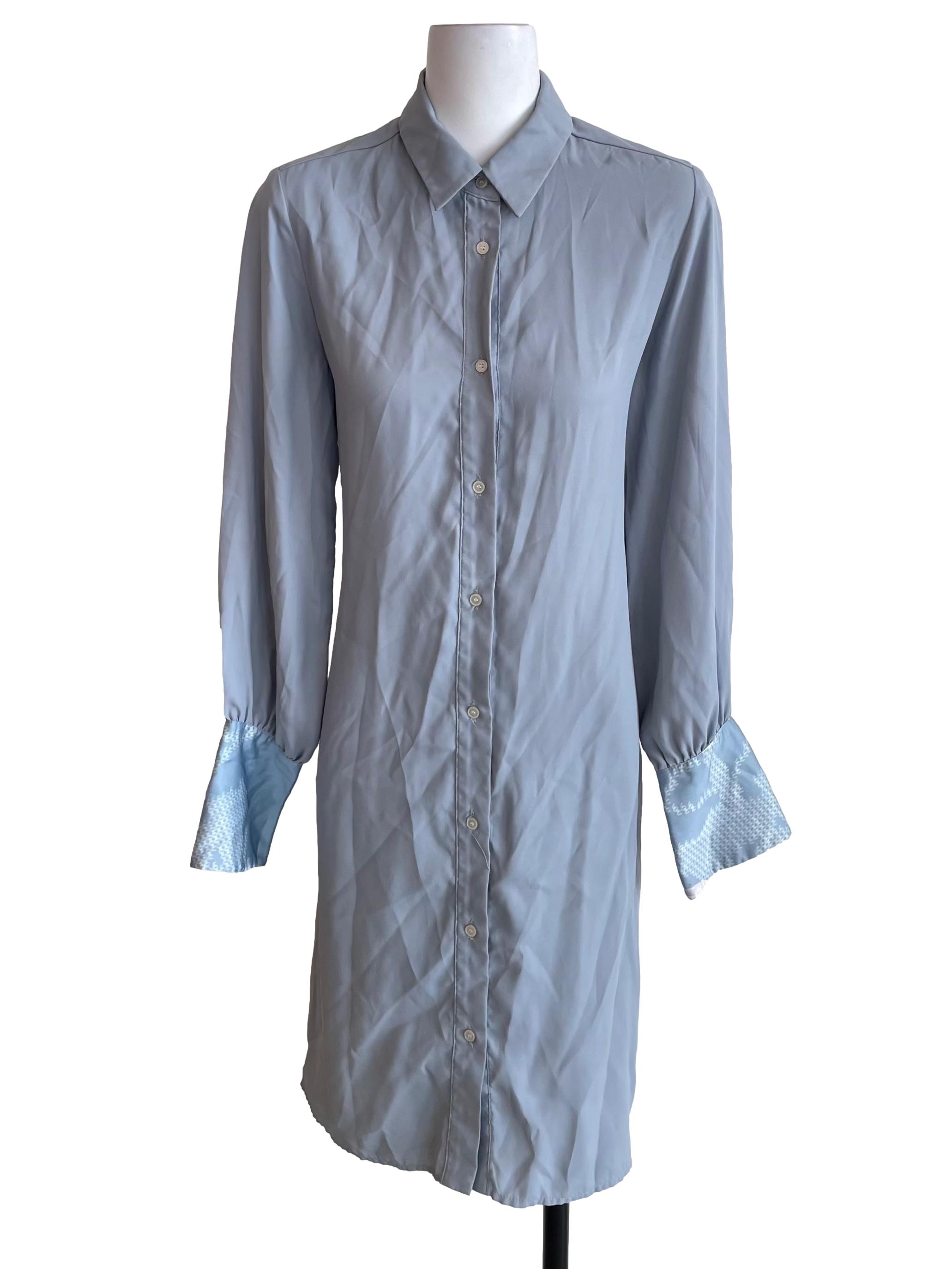 Stone Blue Tie Bow Double Fabric Shirt Dress