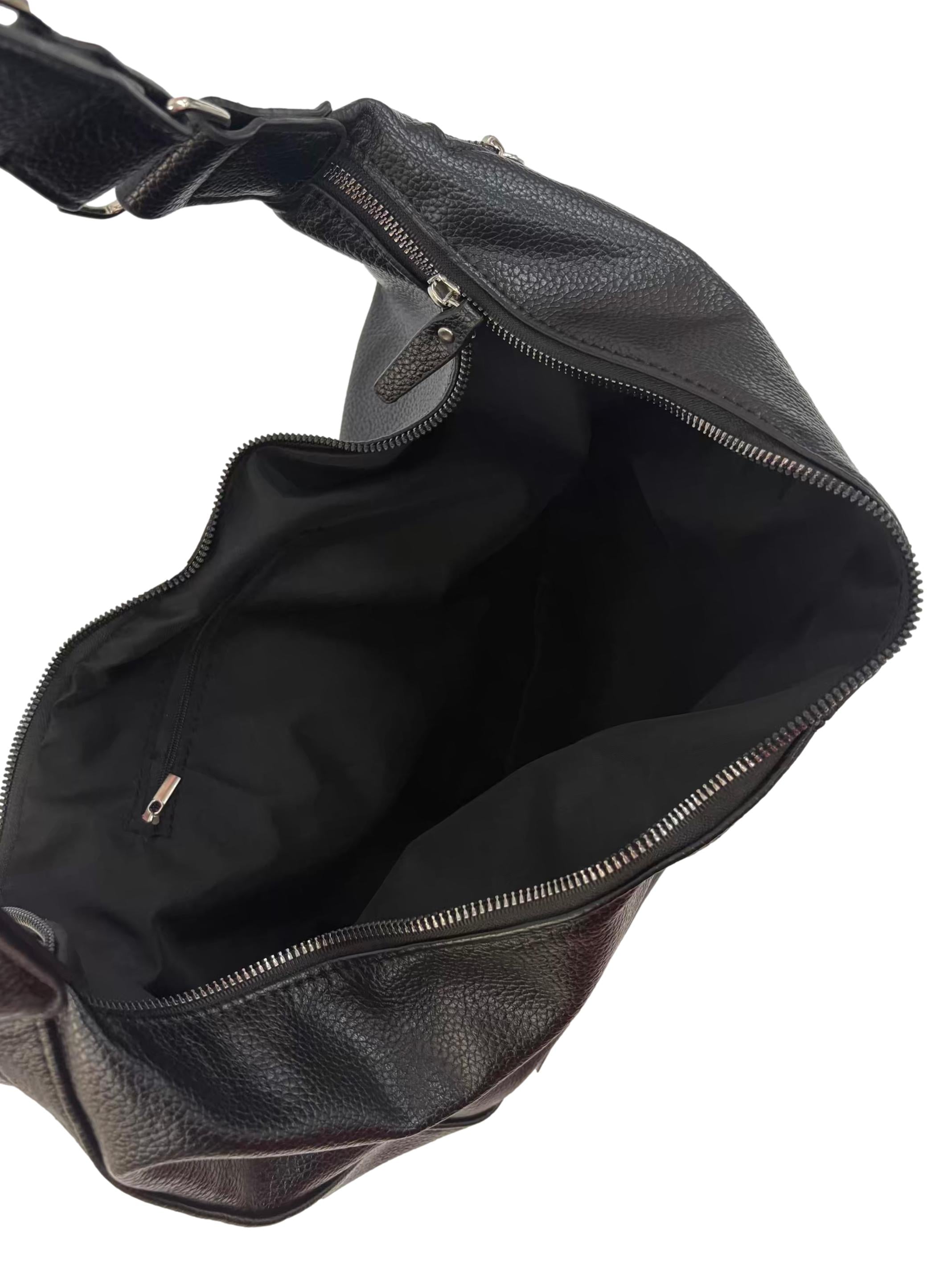 Black Leather Crescent Hobo Tote Bag