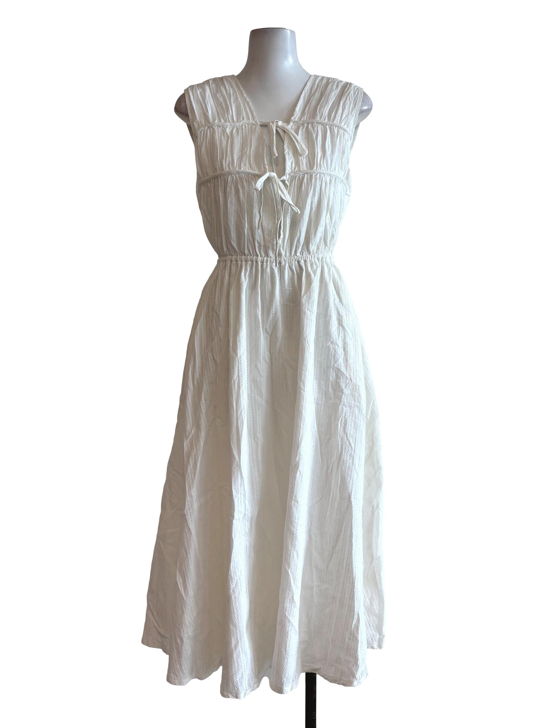 White Textured Cotton Sleeveless Ribbon Dress