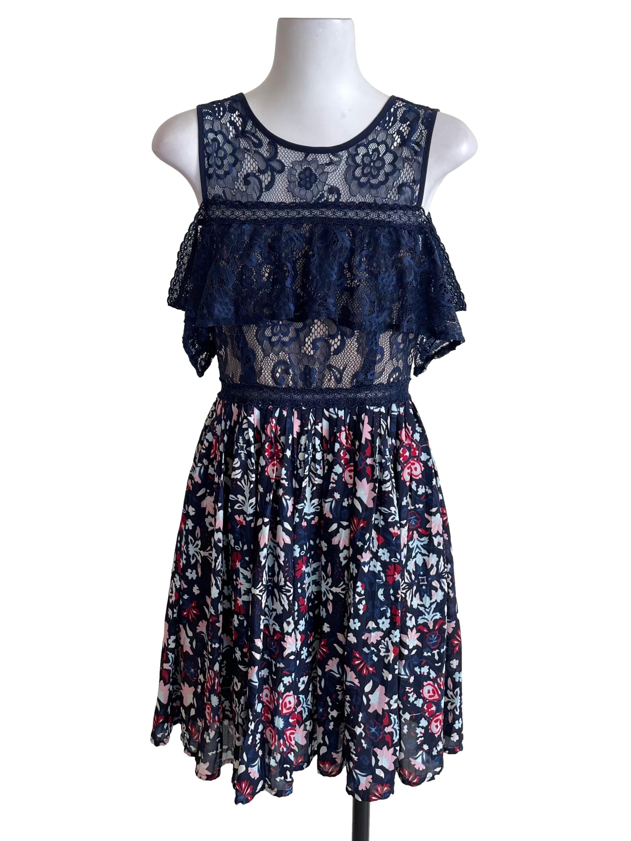 Navy Lace & Floral Off Shoulder Dress