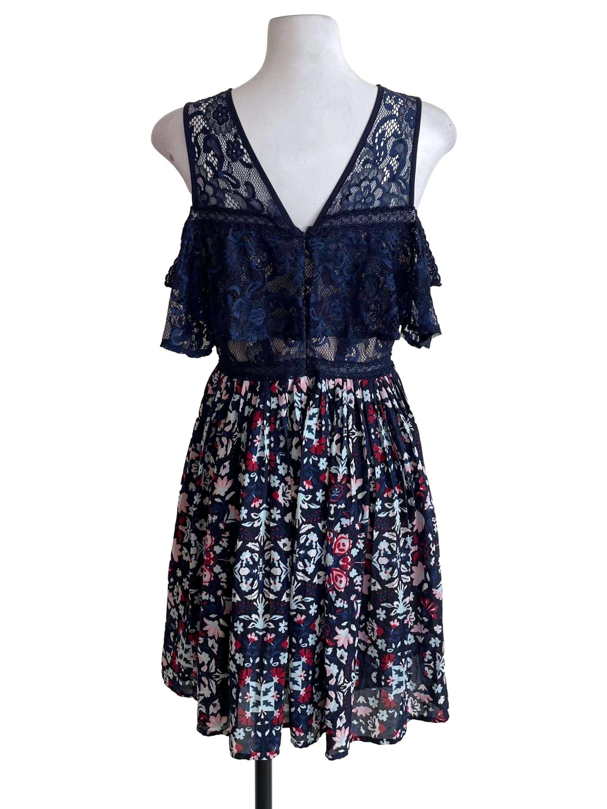 Navy Lace & Floral Off Shoulder Dress