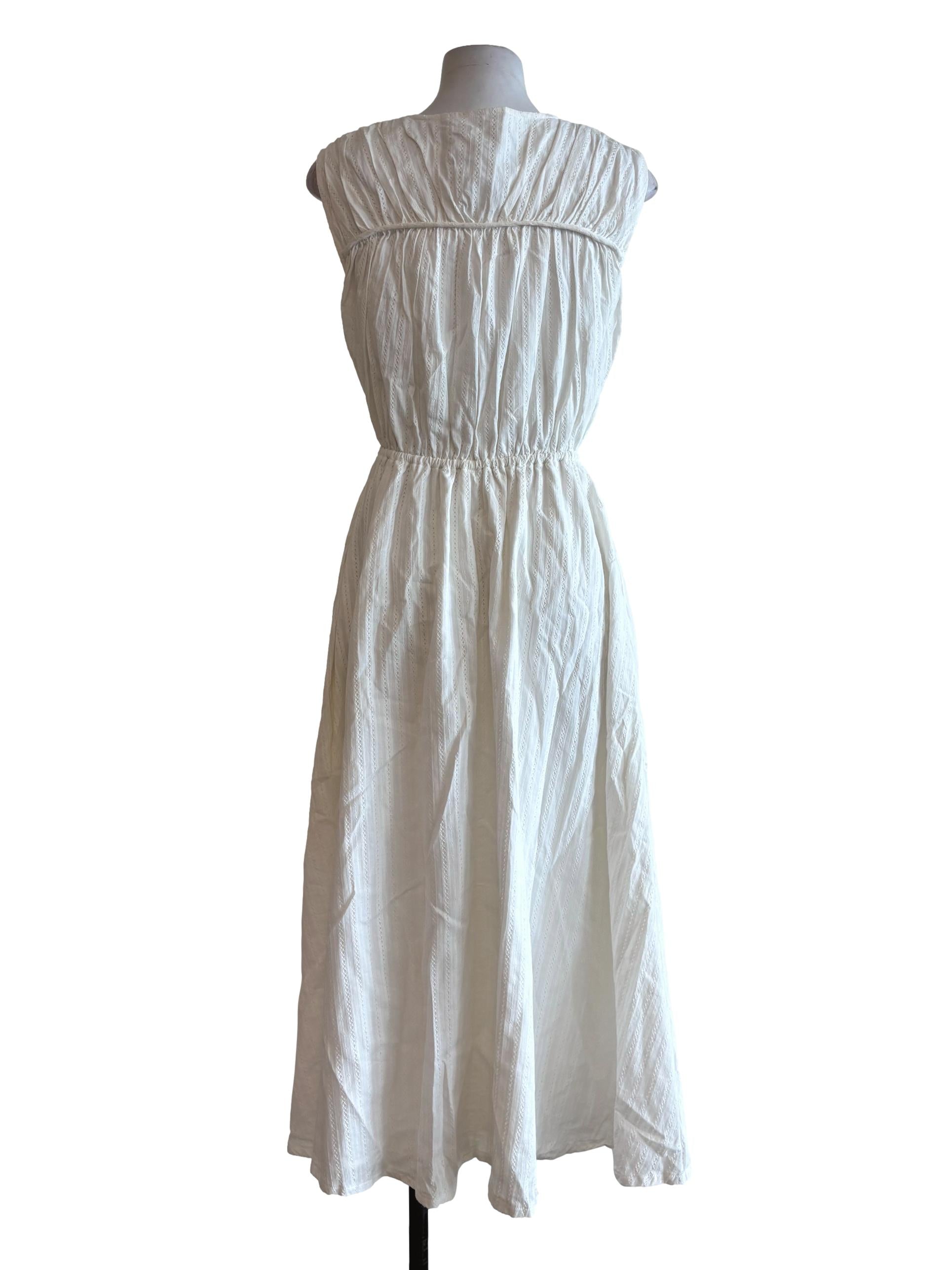 White Textured Cotton Sleeveless Ribbon Dress