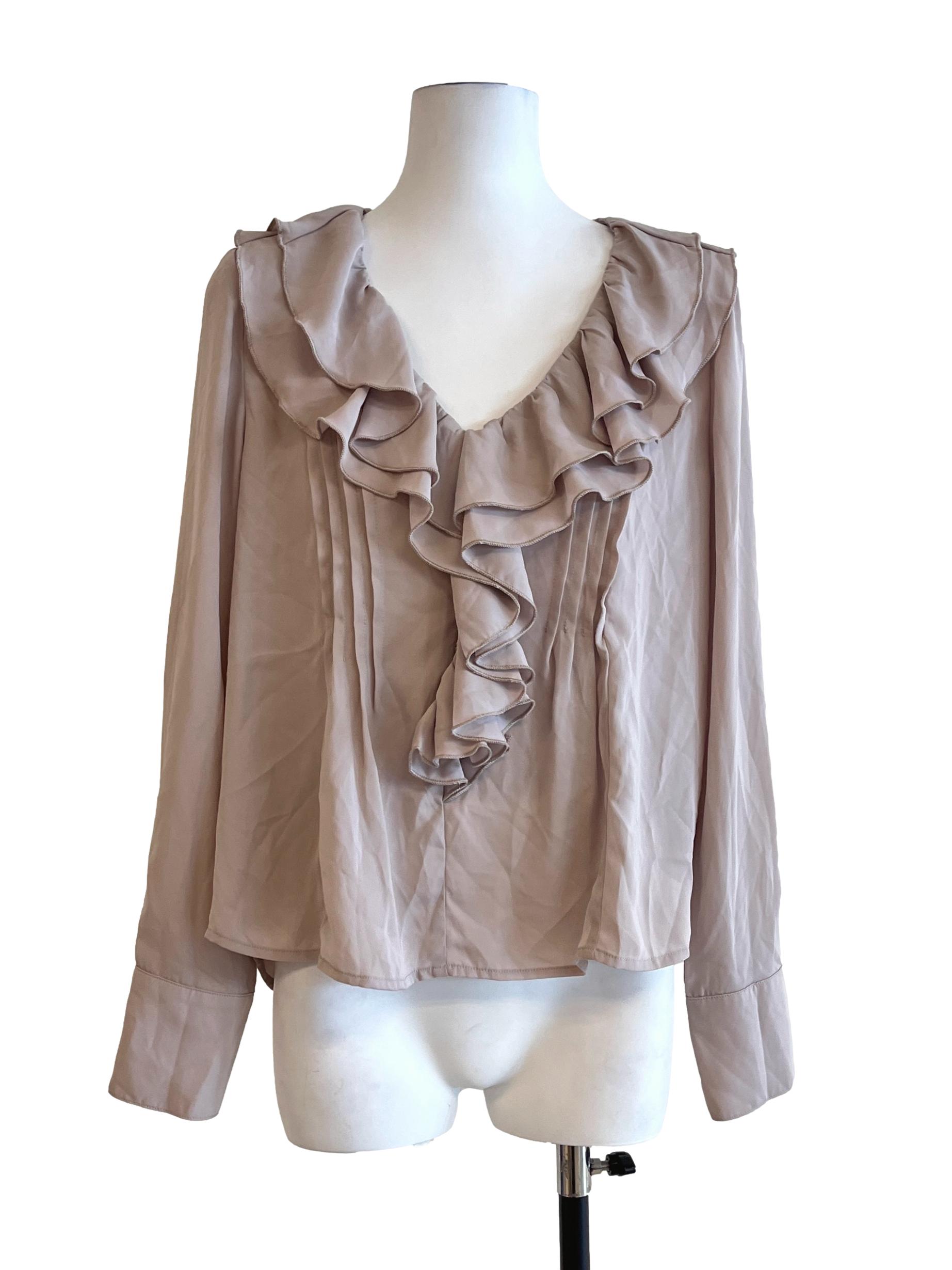 Taupe Brown V-Neck Long Sleeve Top
