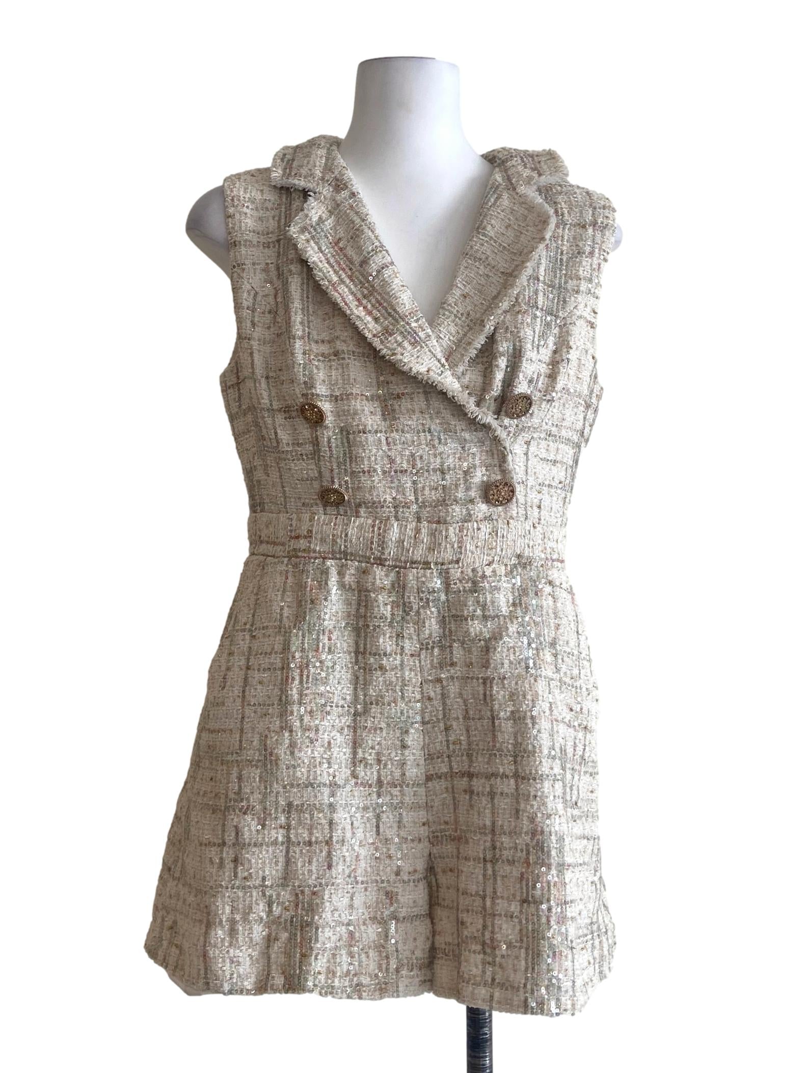 White V-Neck Tweed Romper