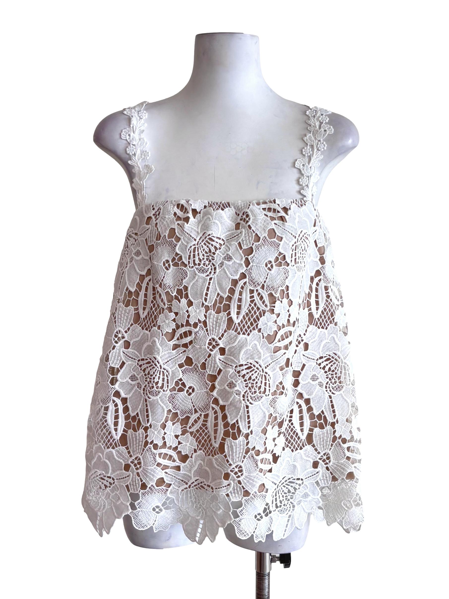 White Diorella Padded Floral Guipure Lace Flare Top