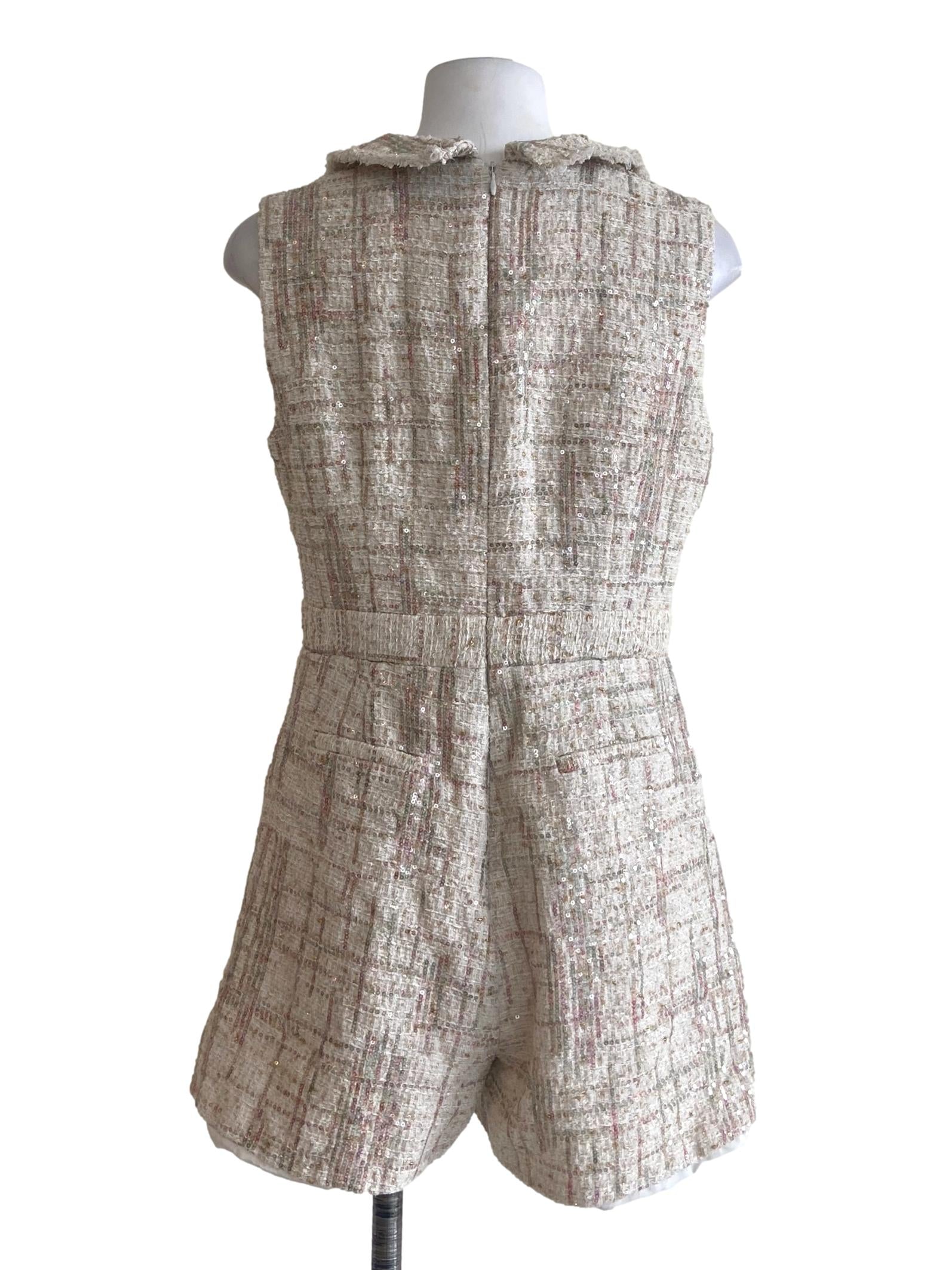 White V-Neck Tweed Romper