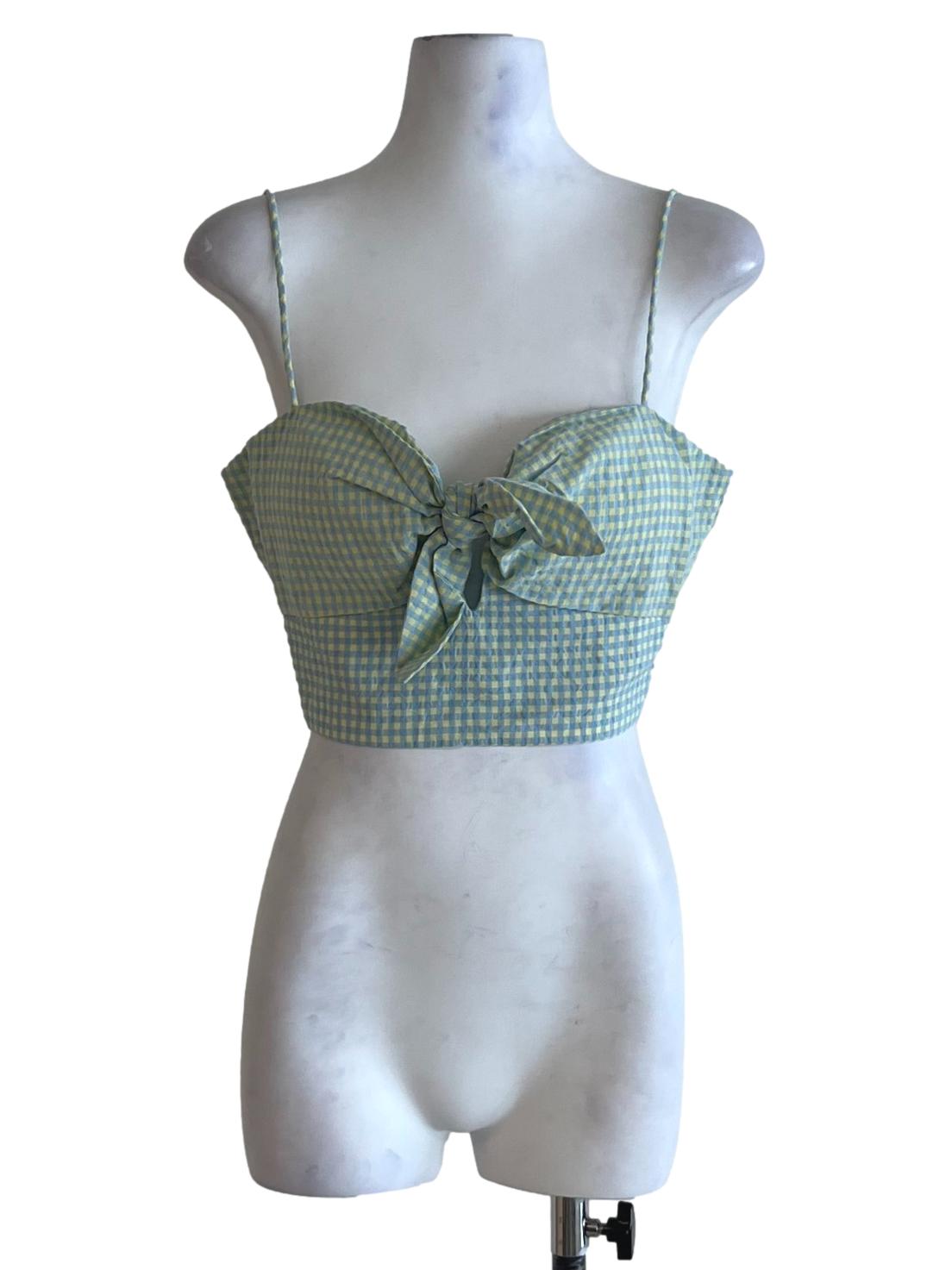 Sky Blue Gingham Spaghetti Strap Sleeveless Top