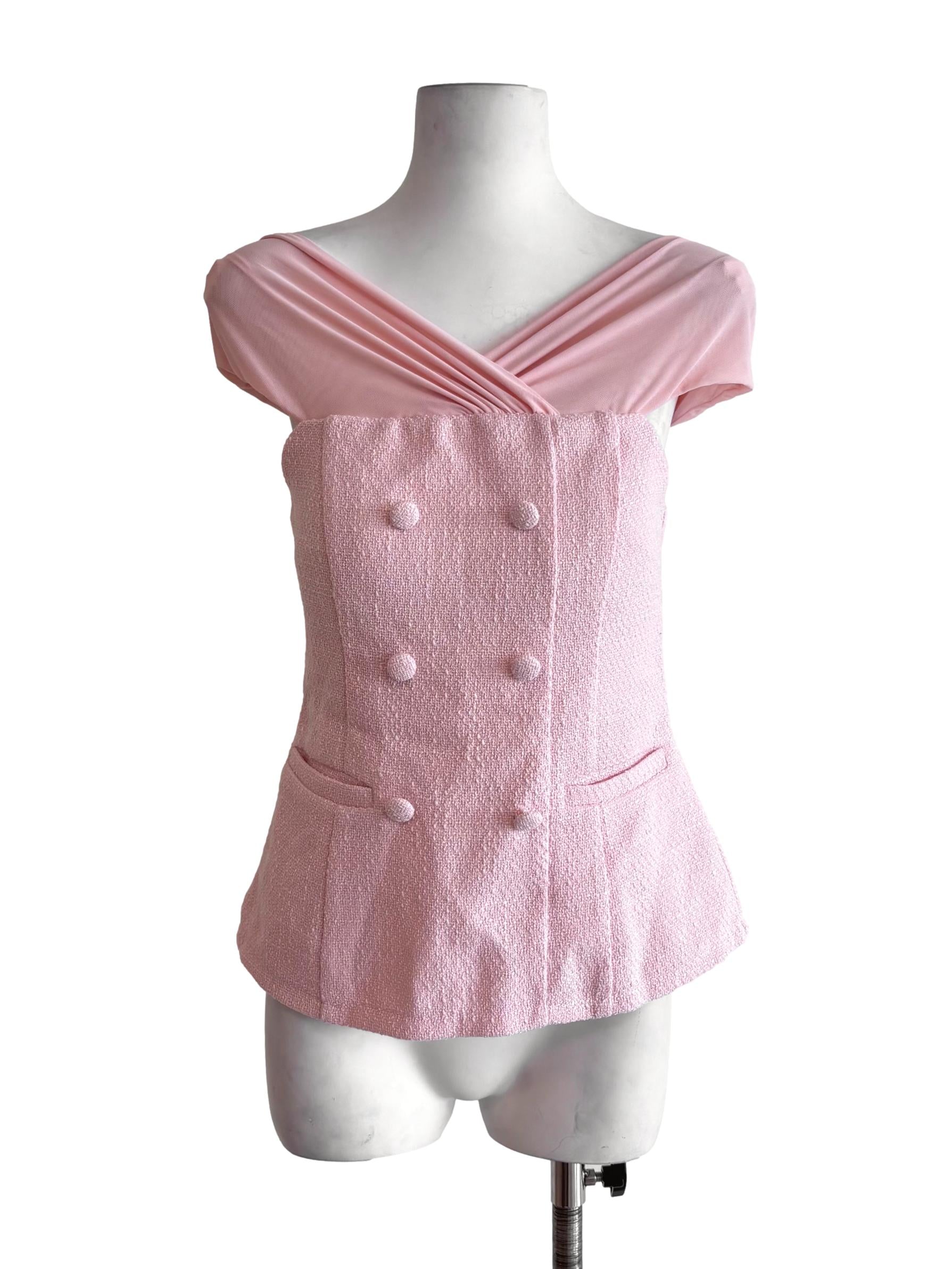 Ice Pink Yve Mesh Off Shoulder Tweed Top