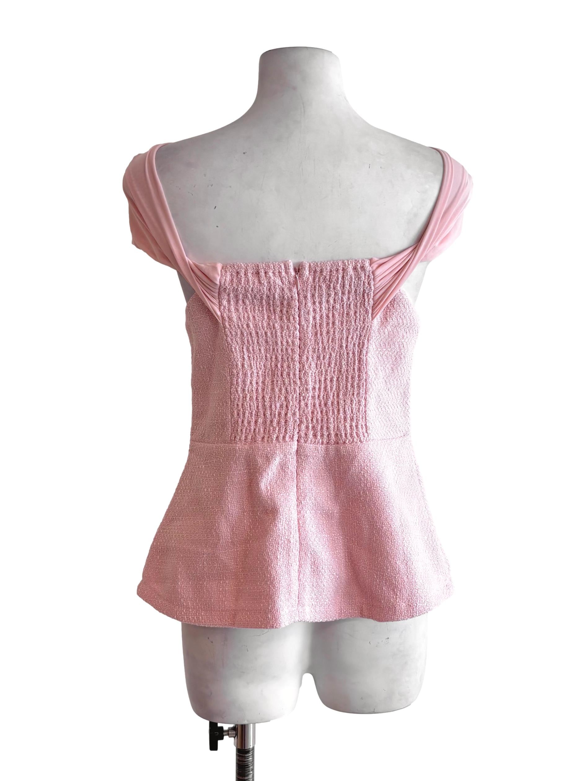 Ice Pink Yve Mesh Off Shoulder Tweed Top