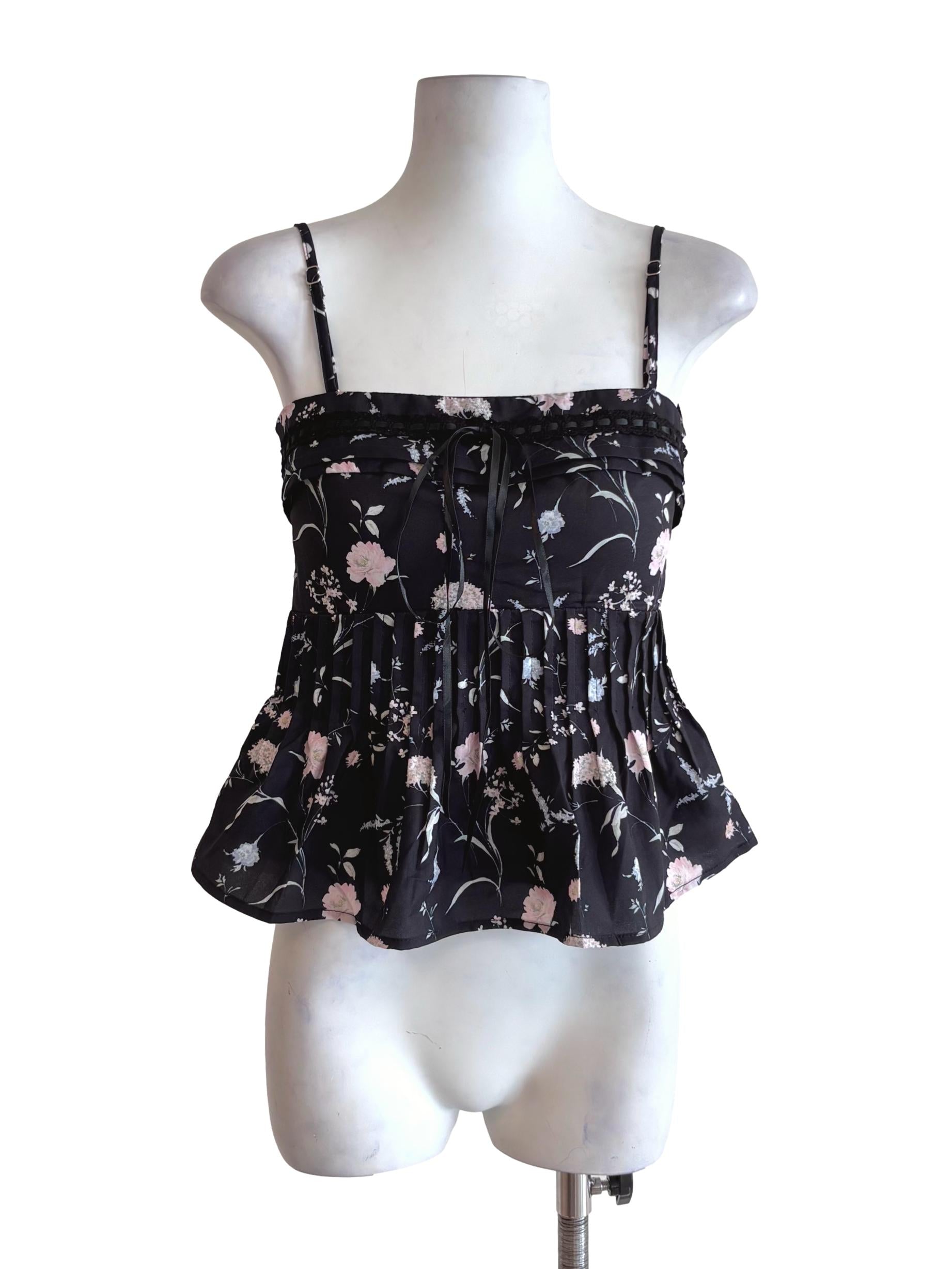 Black Floral Prints Pleated Babydoll Top