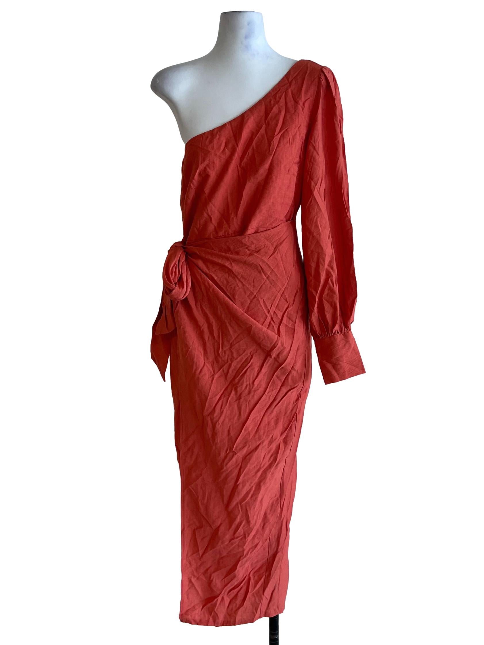 Tiger Orange Asymmetrical Neckline A-Line Dress