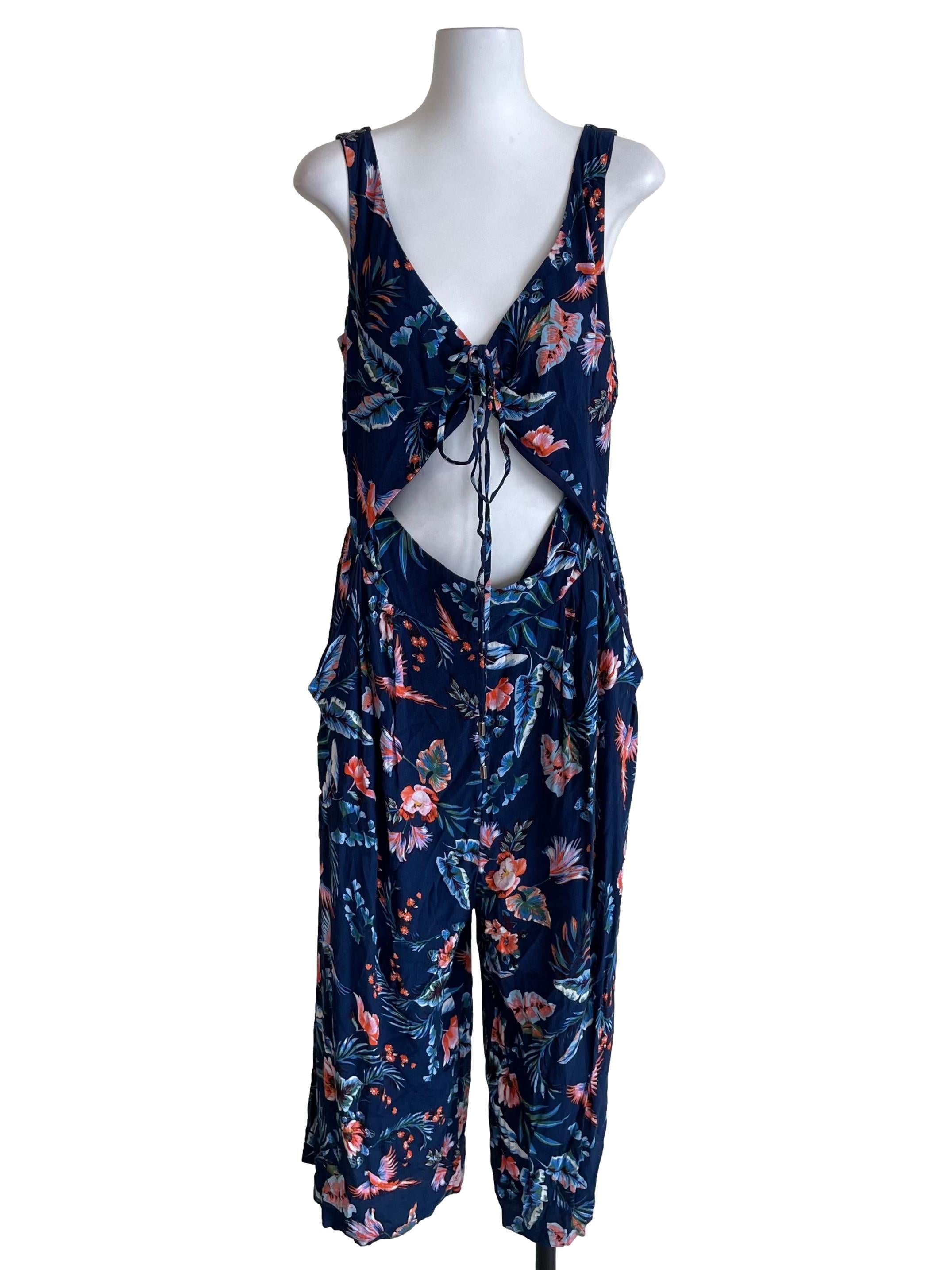 Denim Floral Open Waist Jumpsuit