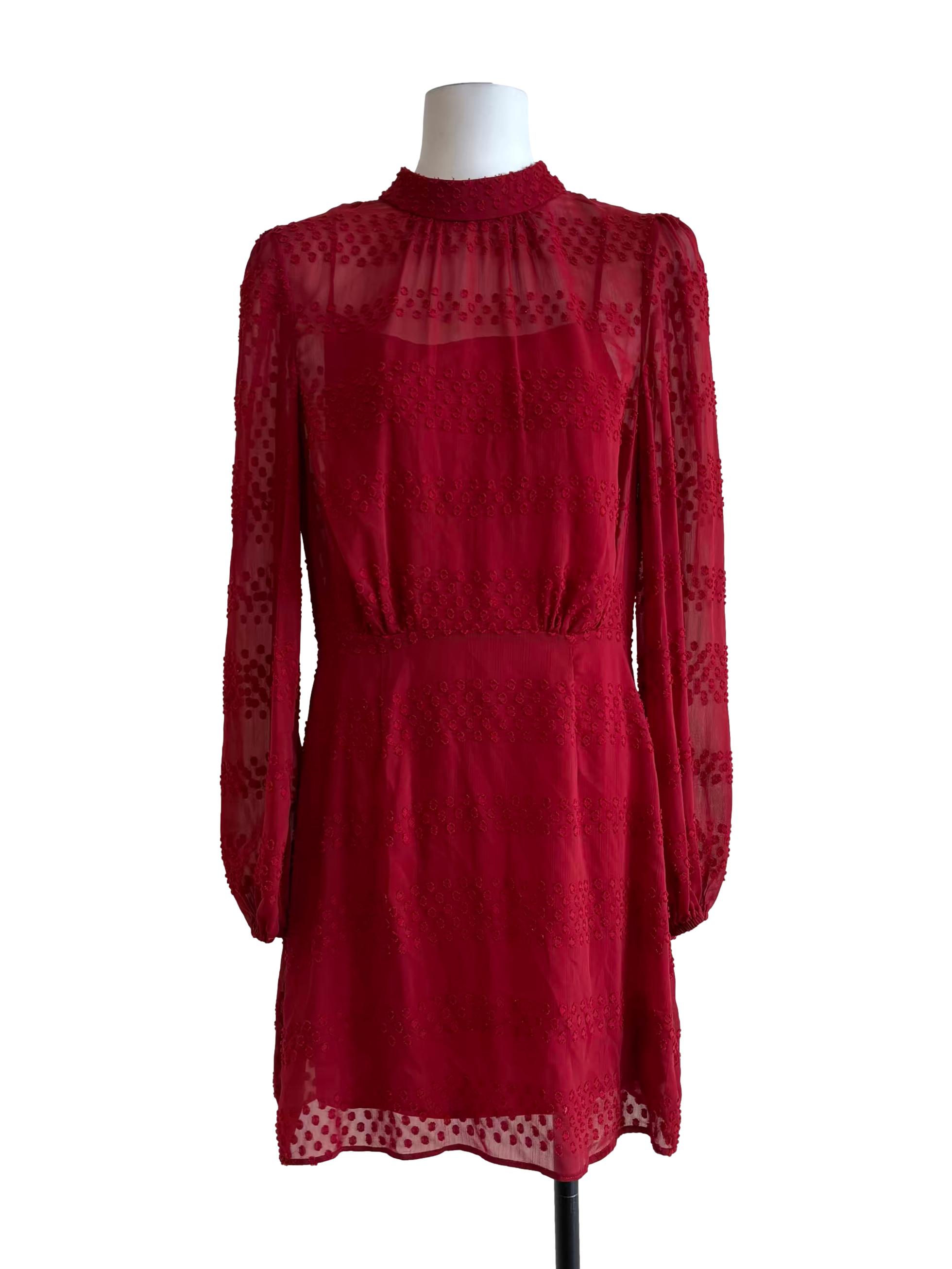 Apple Red Long Sleeve Textured Dress
