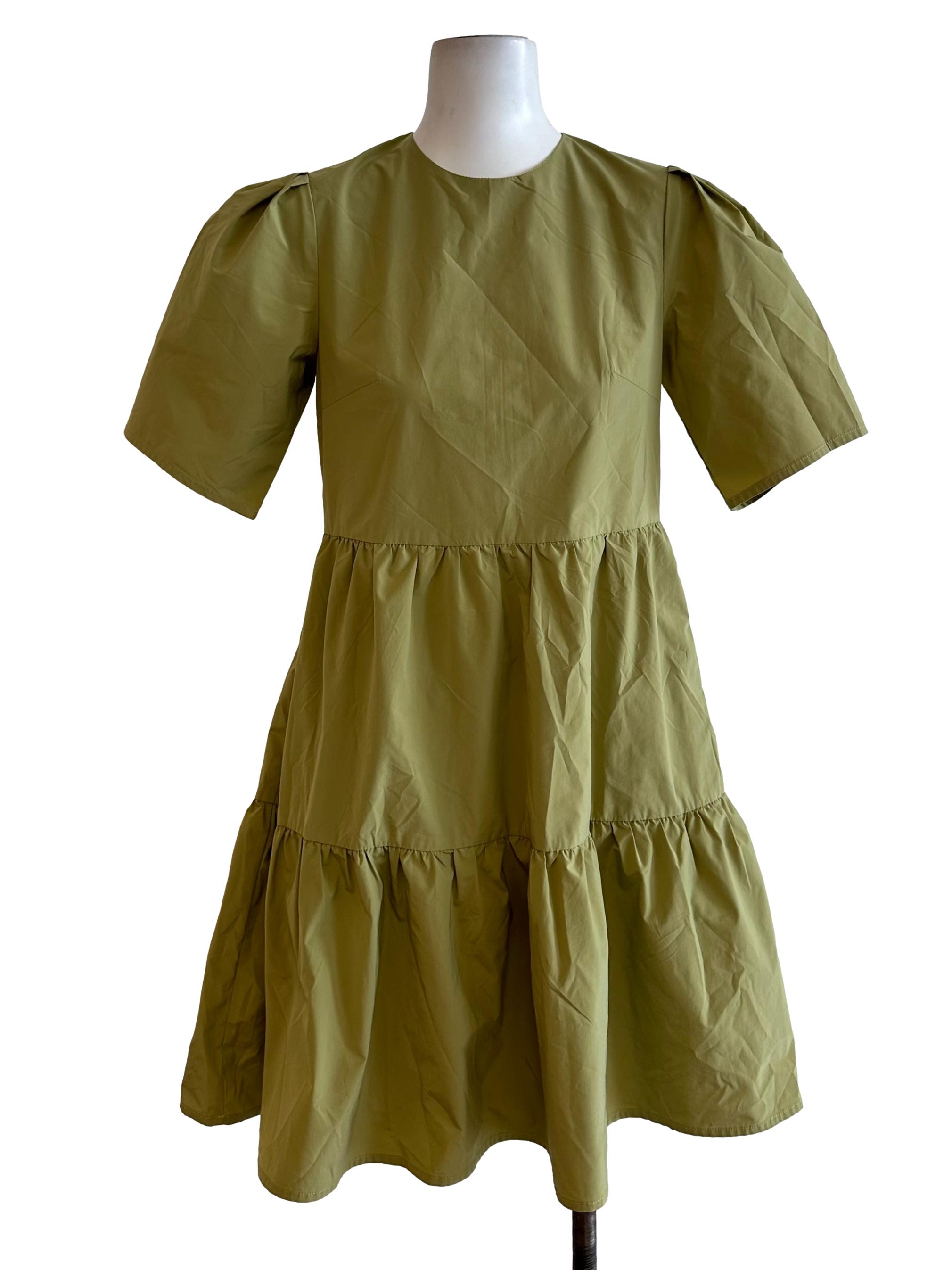Olive Green Round Neck Tiered Dress OSN
