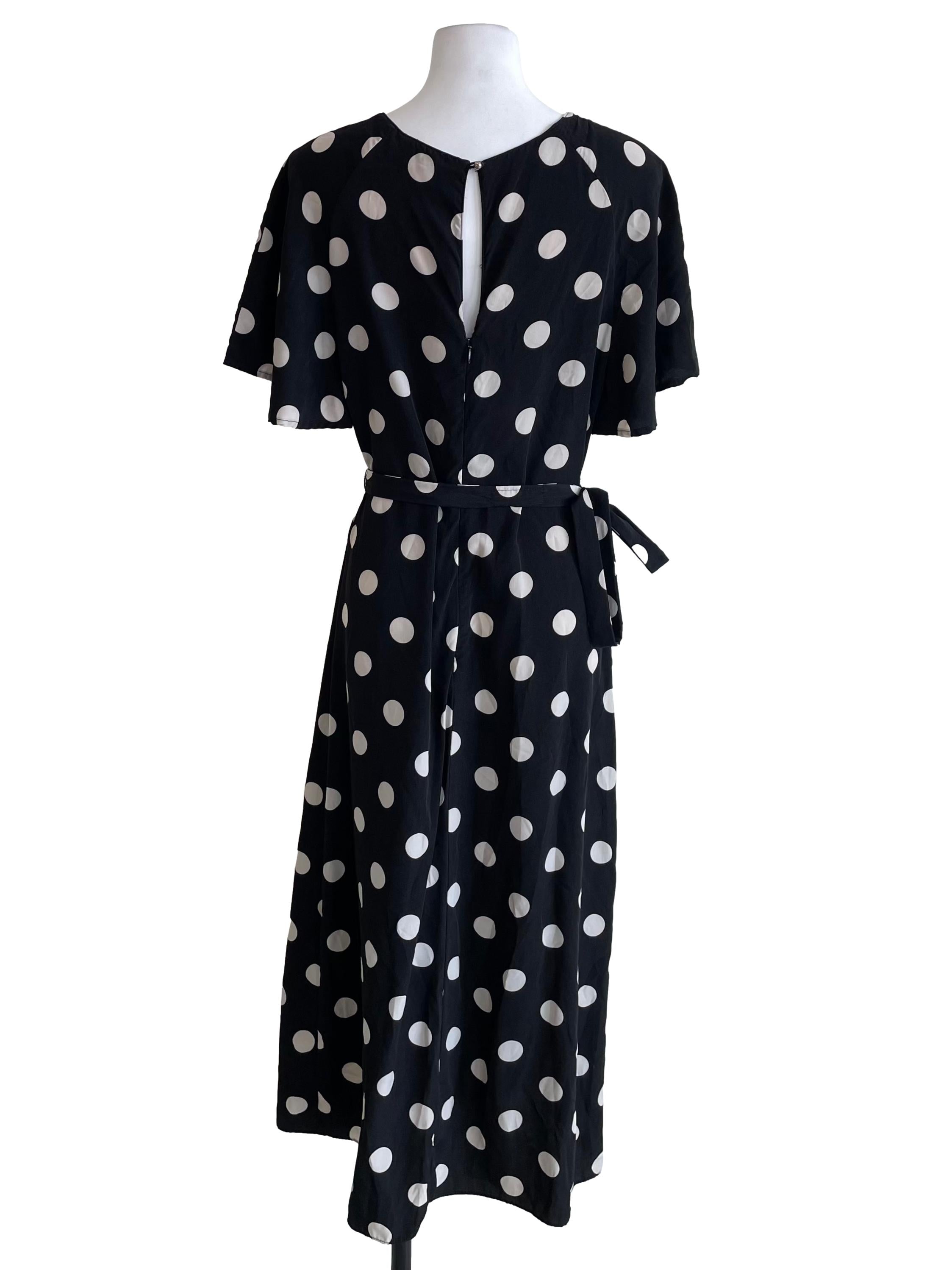 Coal Black Polka Dots Circular-Cap Sleeves Dress