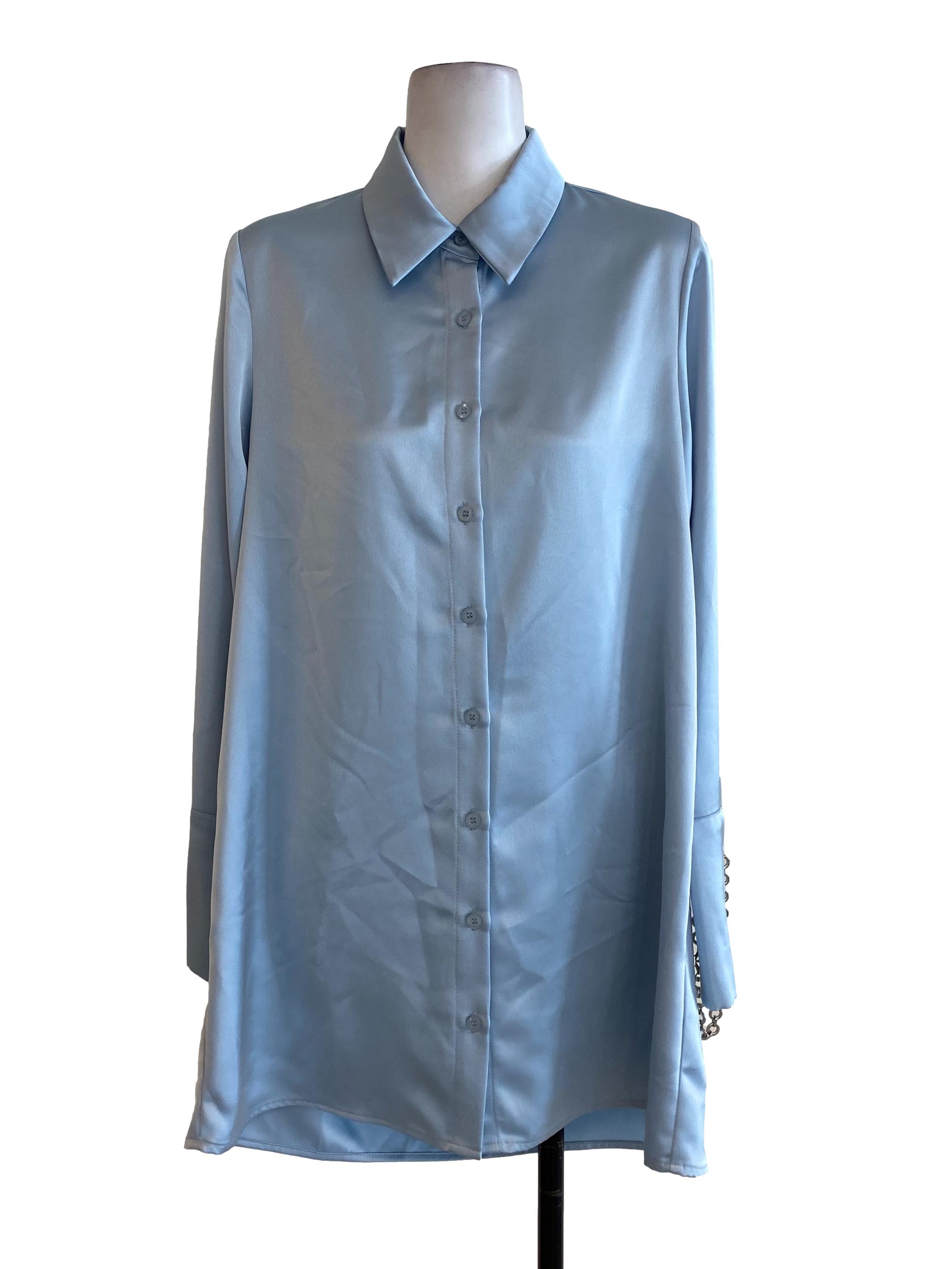 Blue Satin Shirt Dress