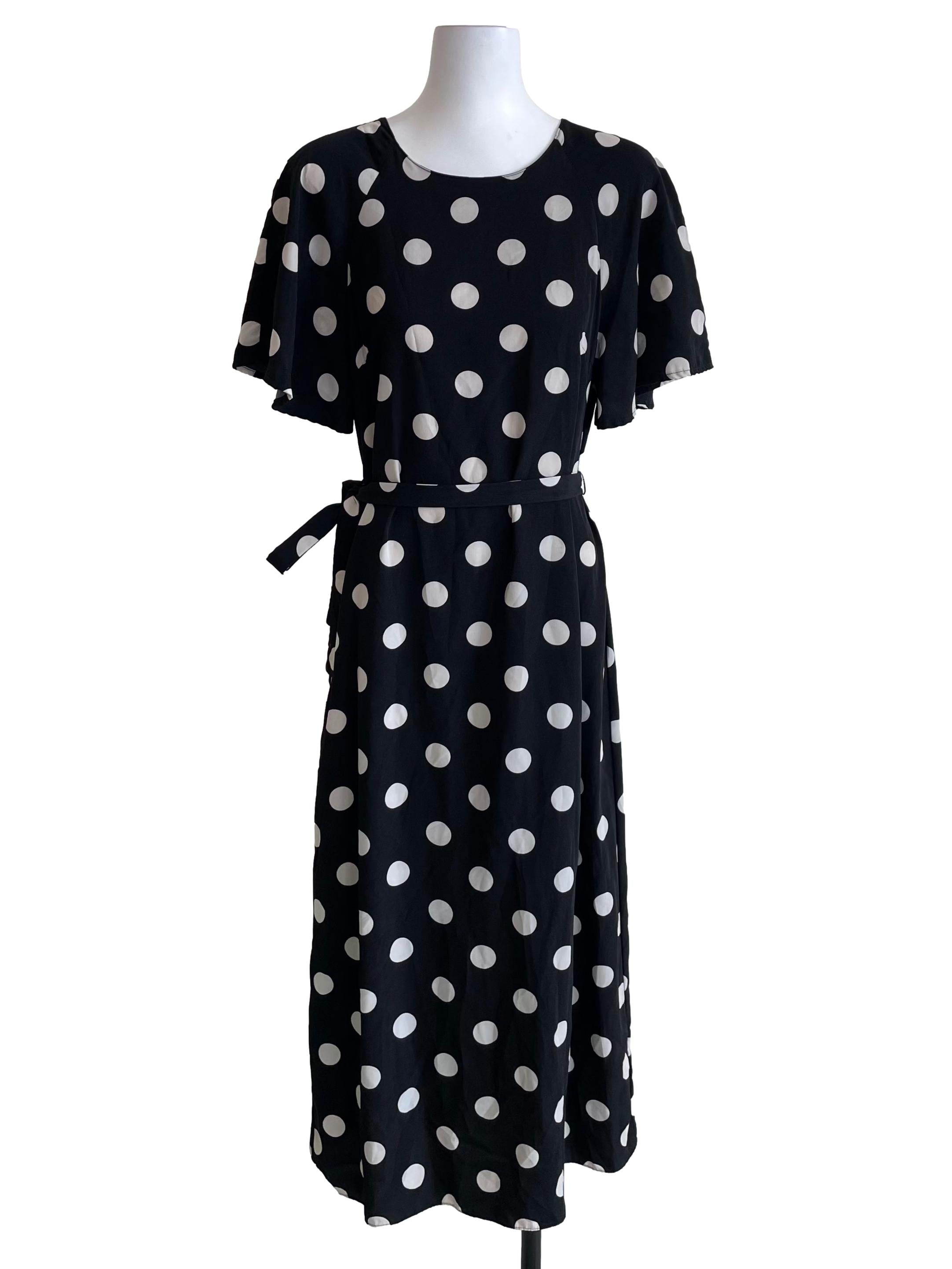 Coal Black Polka Dots Circular-Cap Sleeves Dress