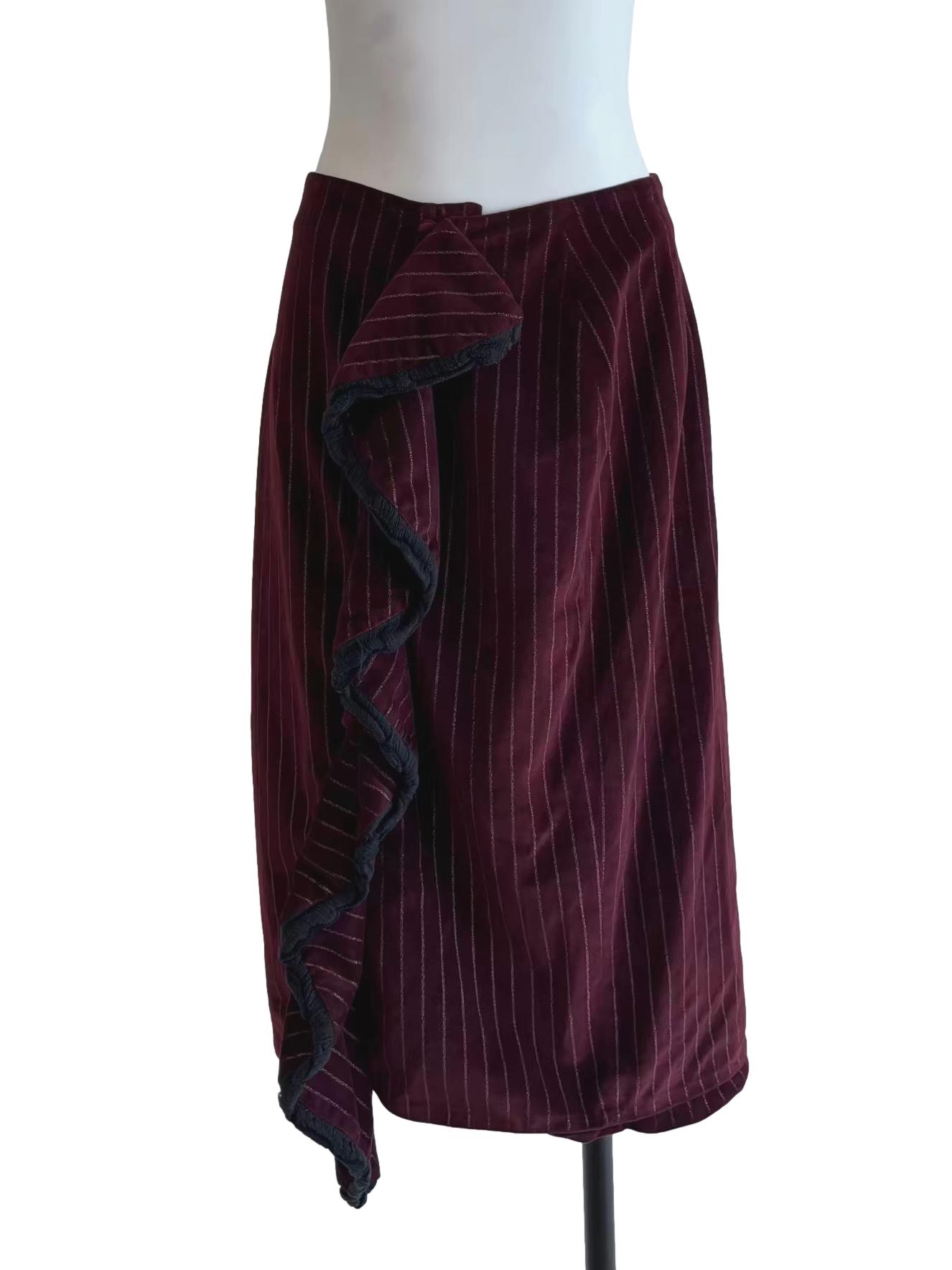 Mahogany Striped Ruffle Button Skirt