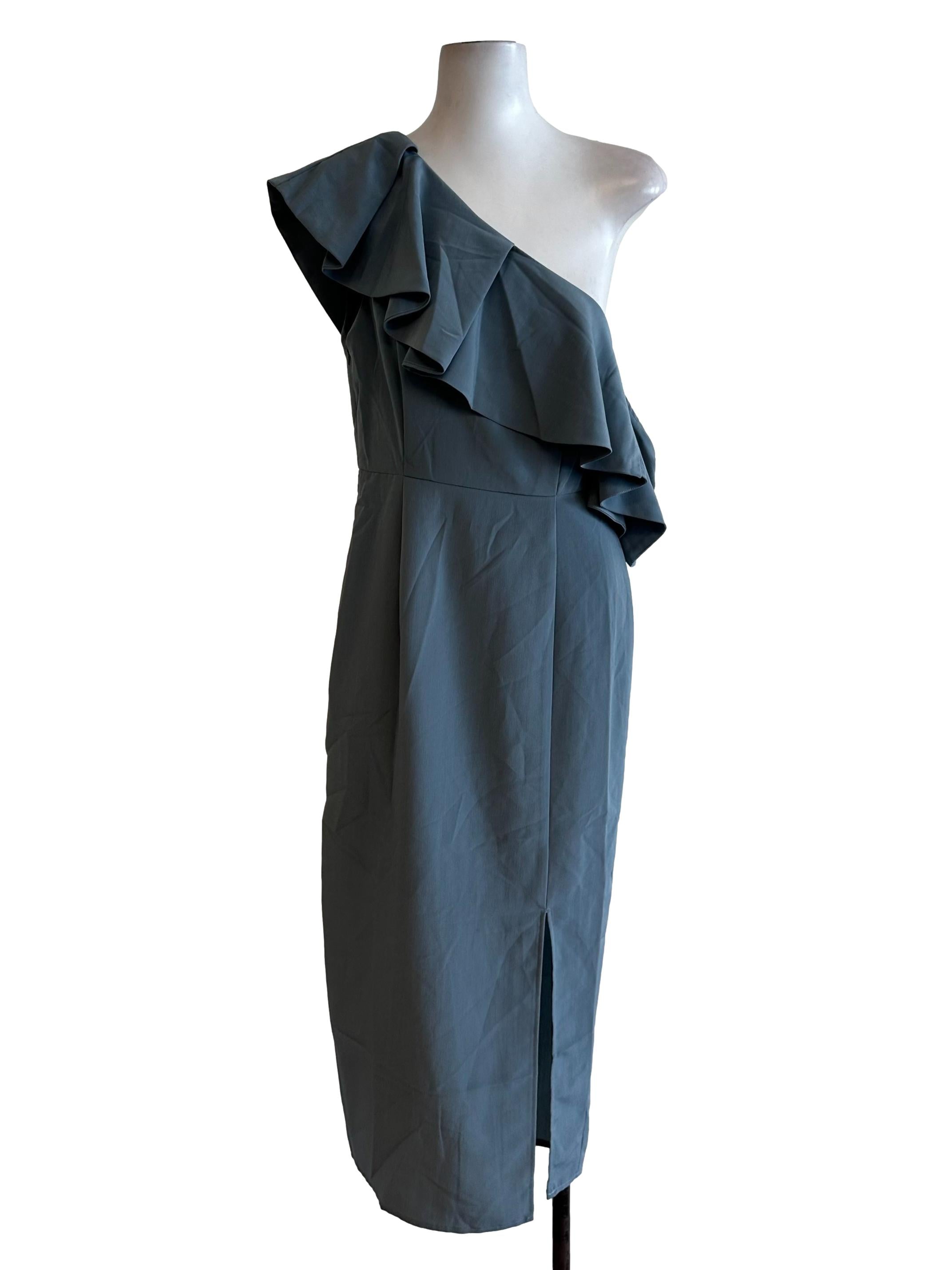Spruce Grey Ruffle Asymmetric Off Shoulder Dress