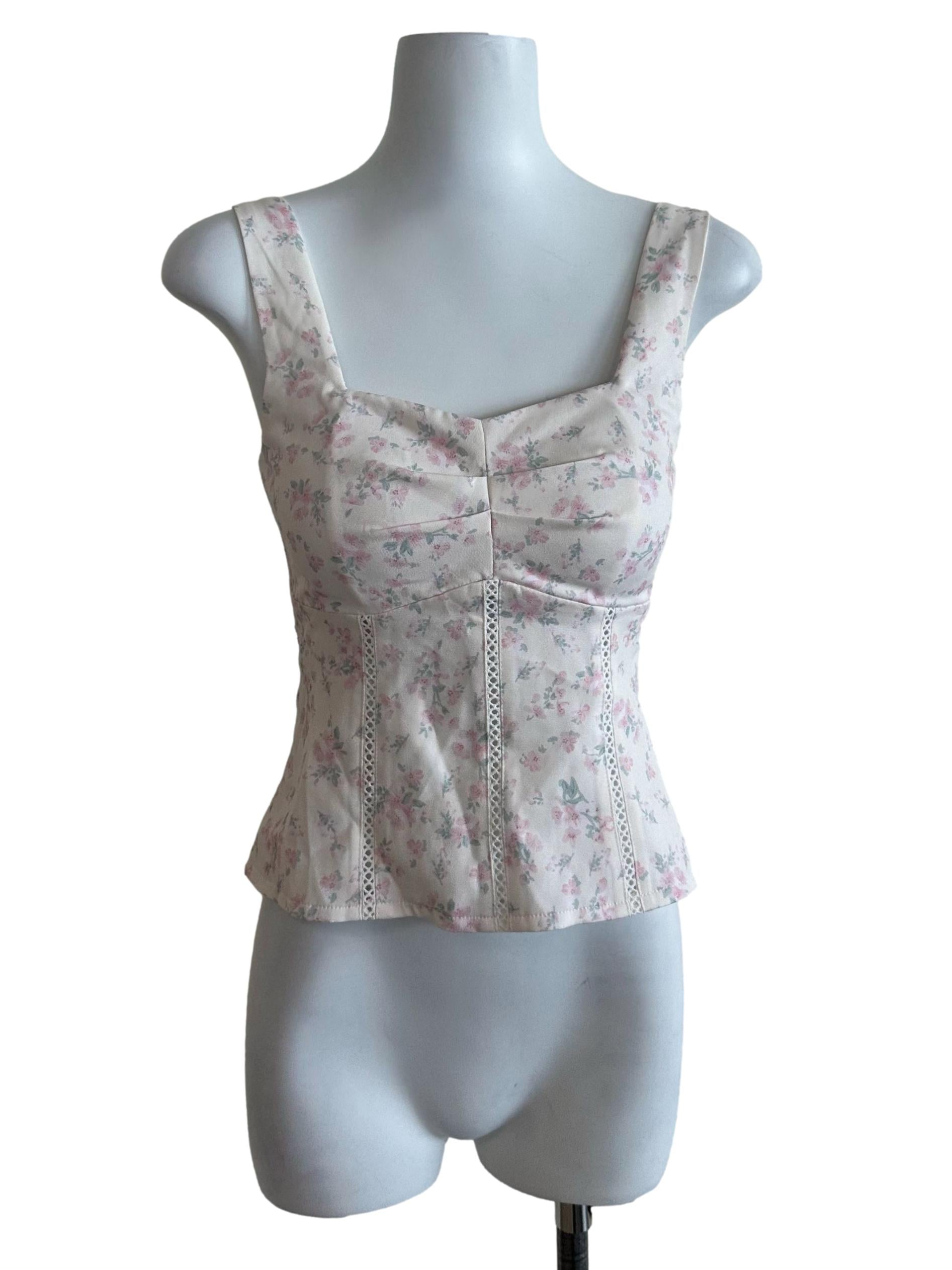 White Pink Floral Square Neck Top