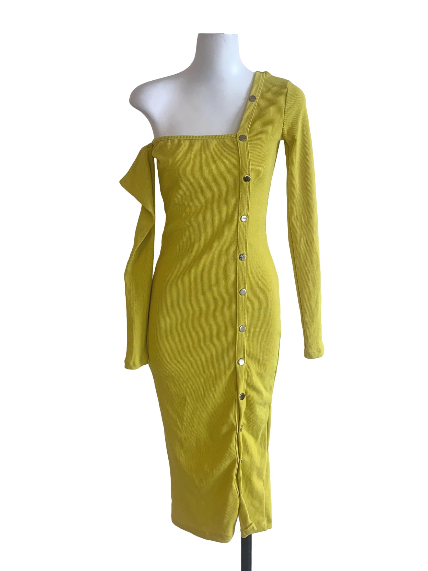 Lemon Yellow Asymmetric Neck Bodycon Dress