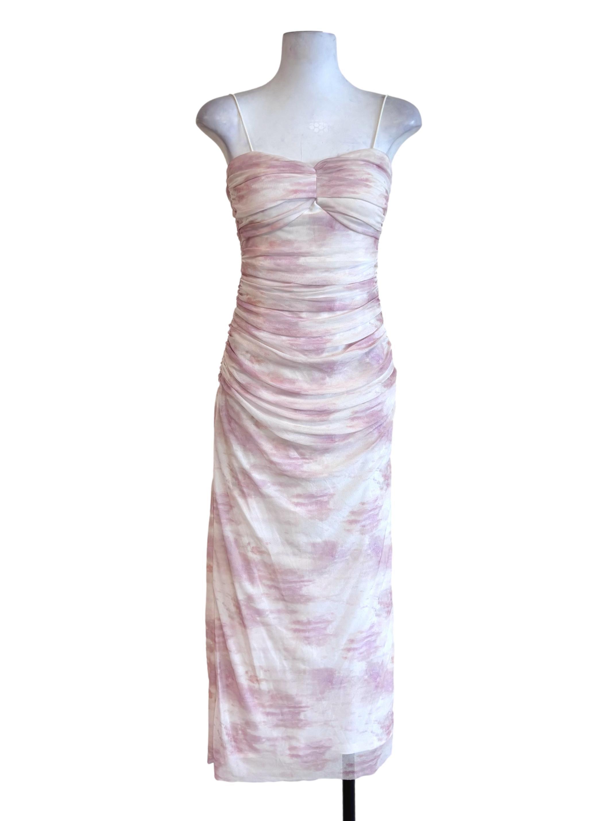 White Color Prints Ruched Mesh Dress