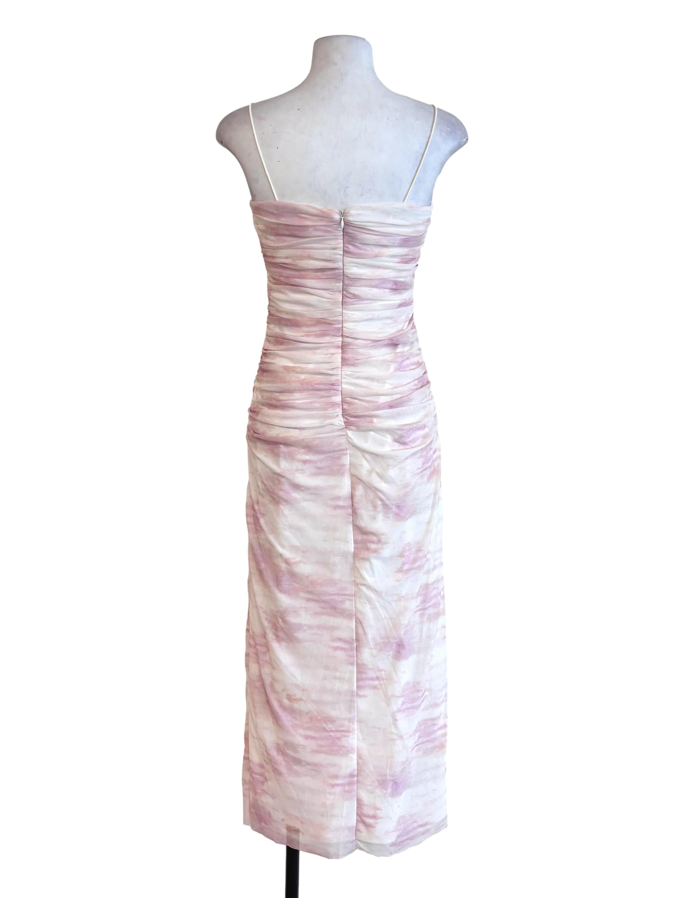 White Color Prints Ruched Mesh Dress