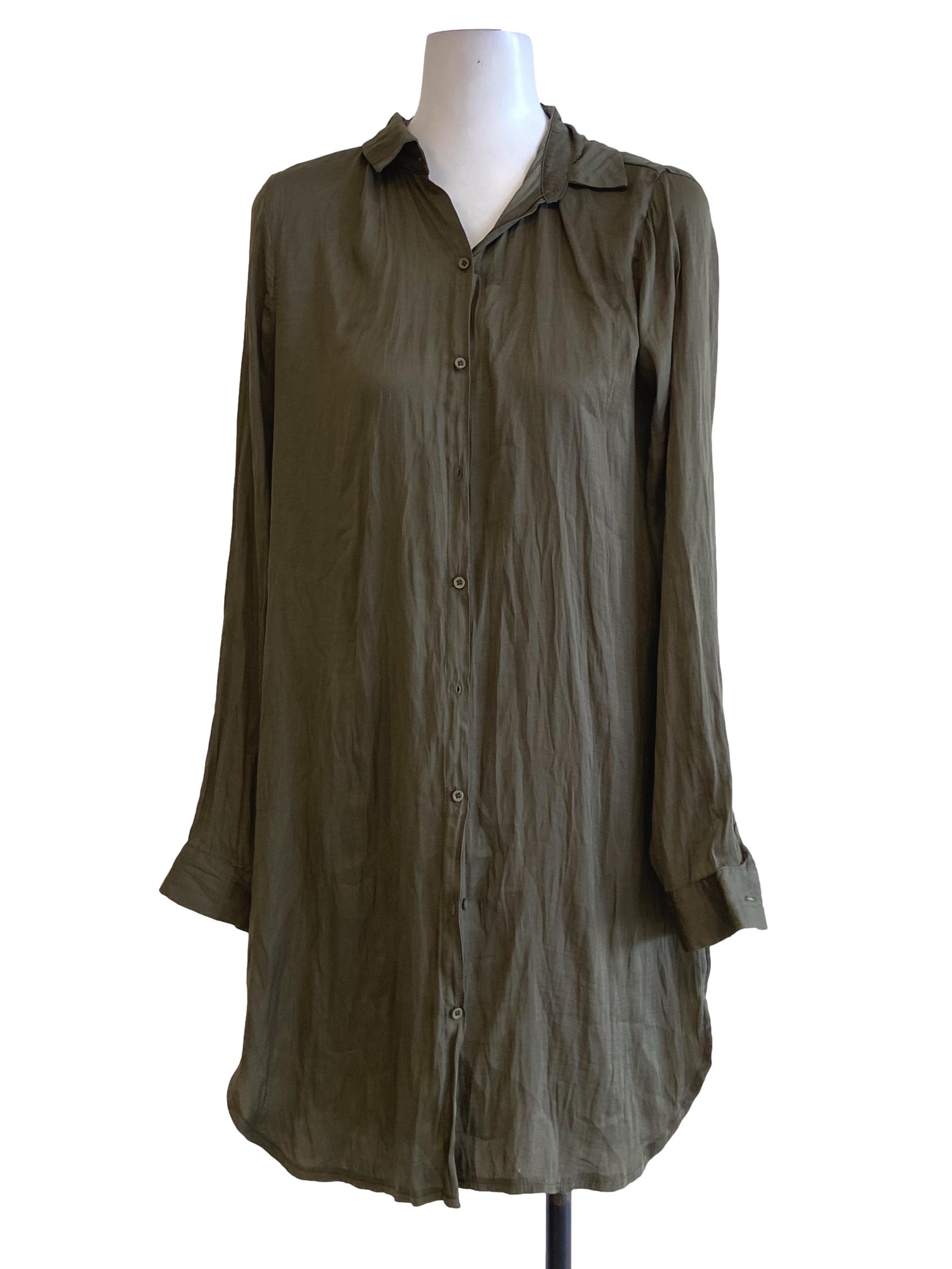 Crocodile Green Twill Tunic Button Down Dress TEM