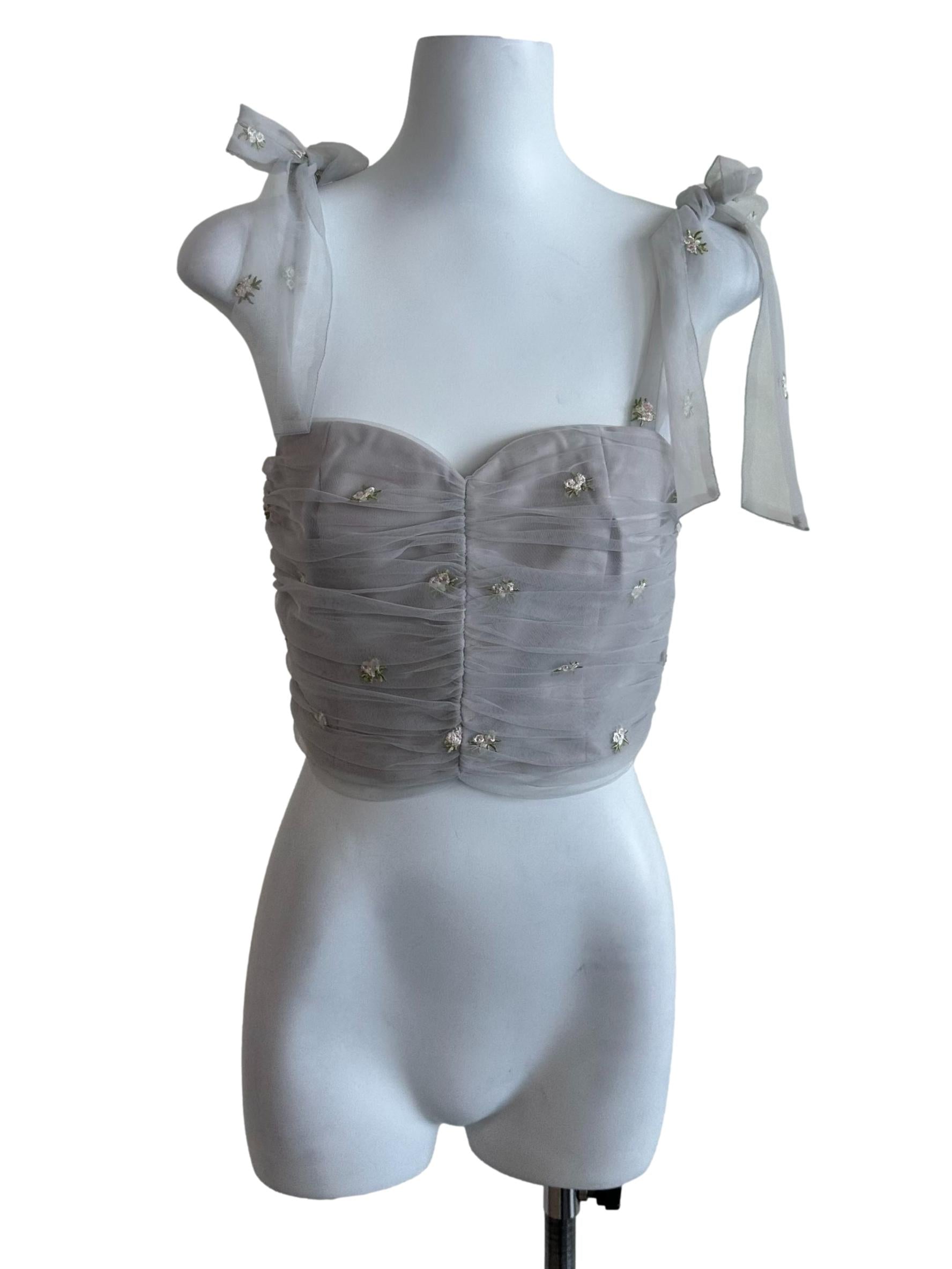 Ash Grey Floral Embroidery Ruched Mesh Top