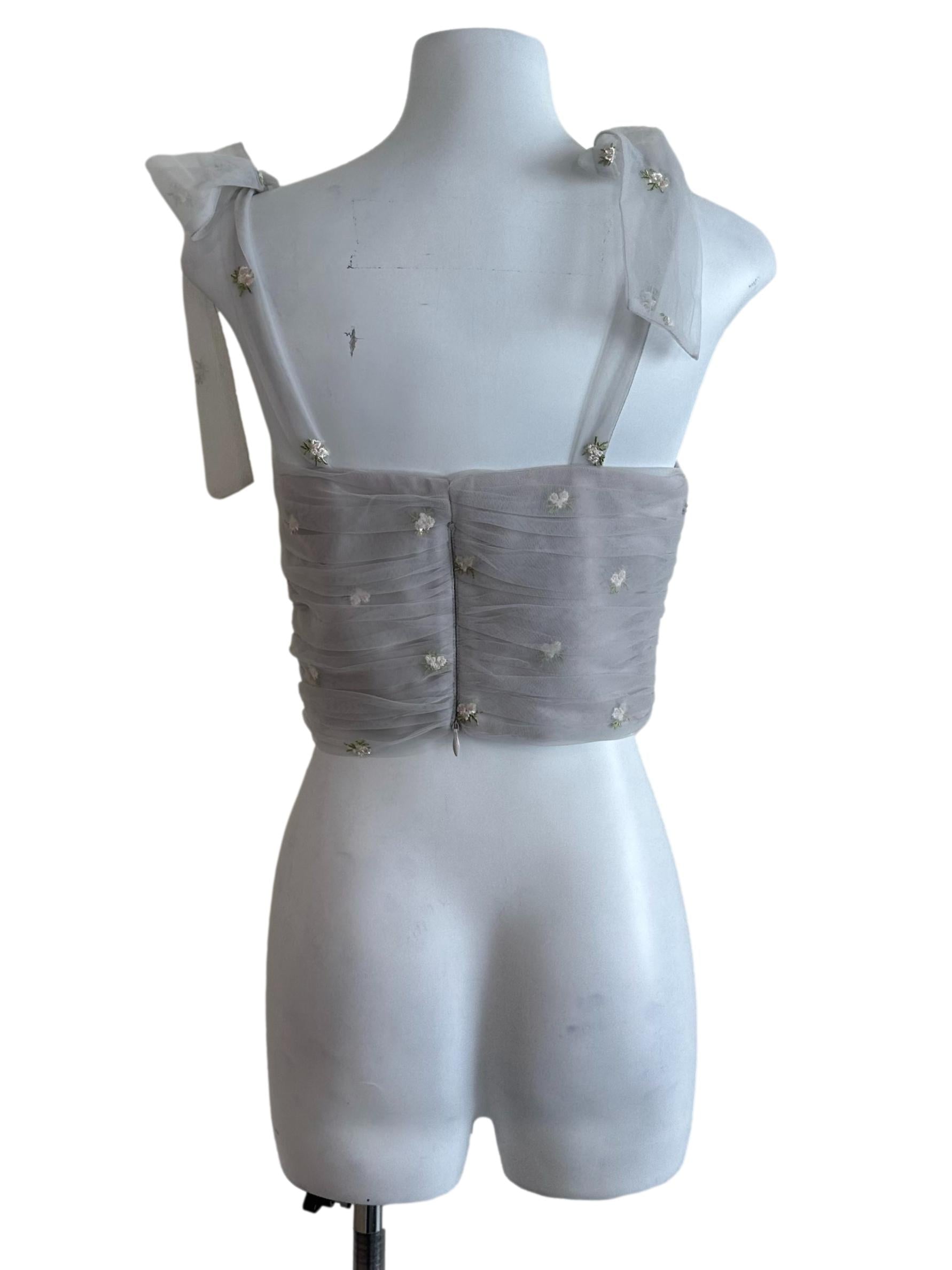Ash Grey Floral Embroidery Ruched Mesh Top