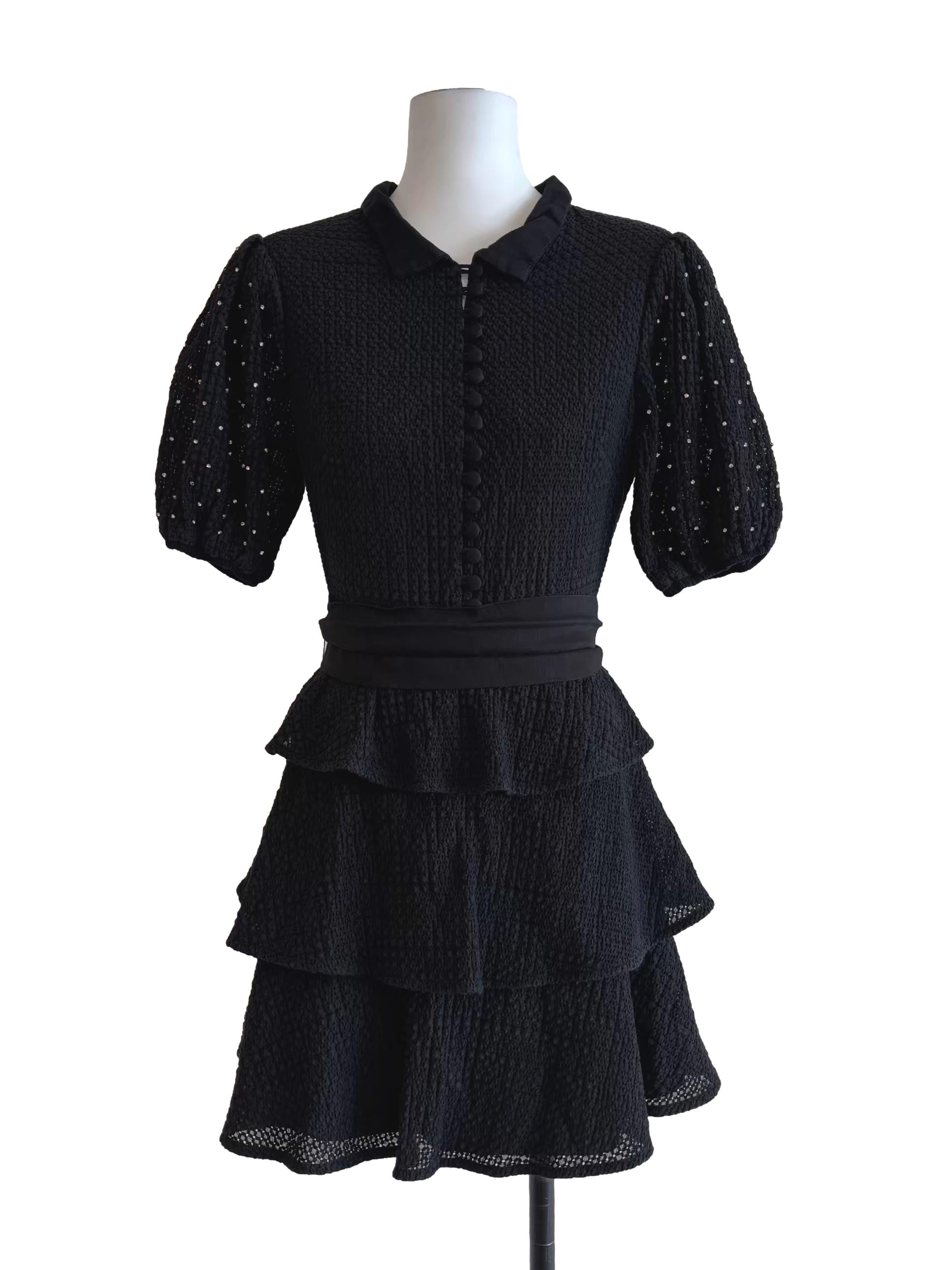 Onyx Black Bejewel Sleeve Mini Tier Dress