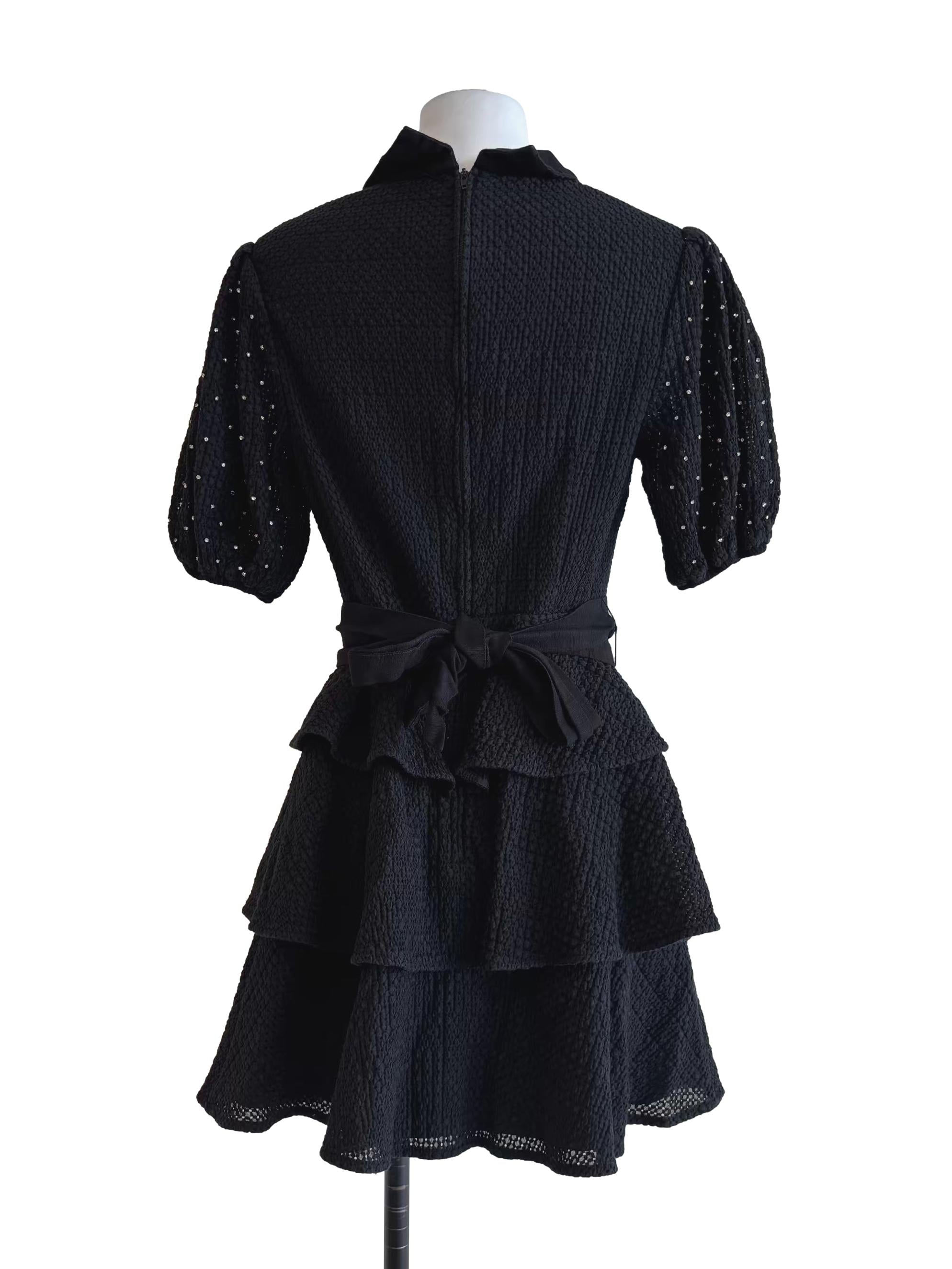 Onyx Black Bejewel Sleeve Mini Tier Dress
