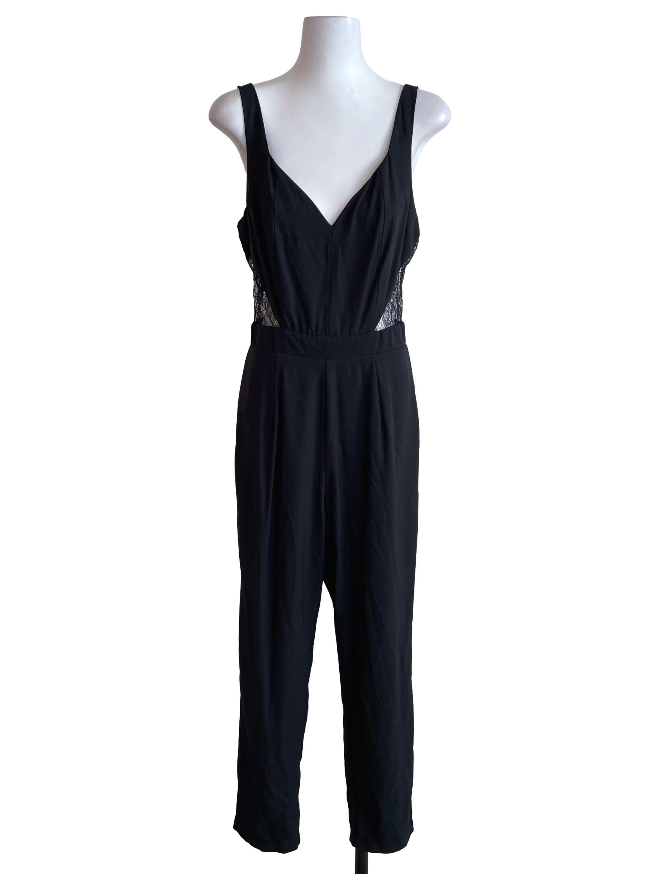 Black Laced Waist V Neck Jumpsuit