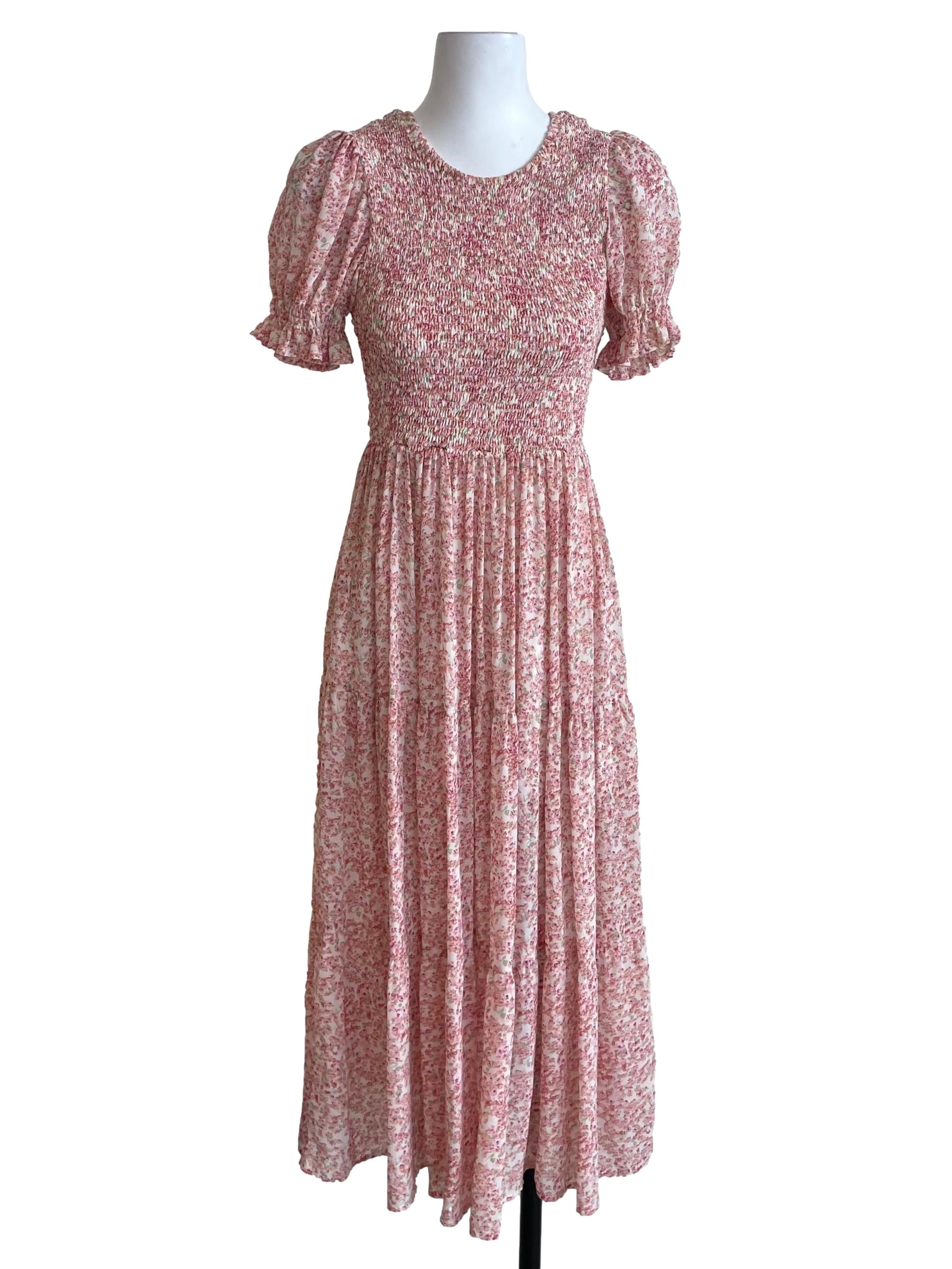 Flamingo Pink Floral Shirred Dress