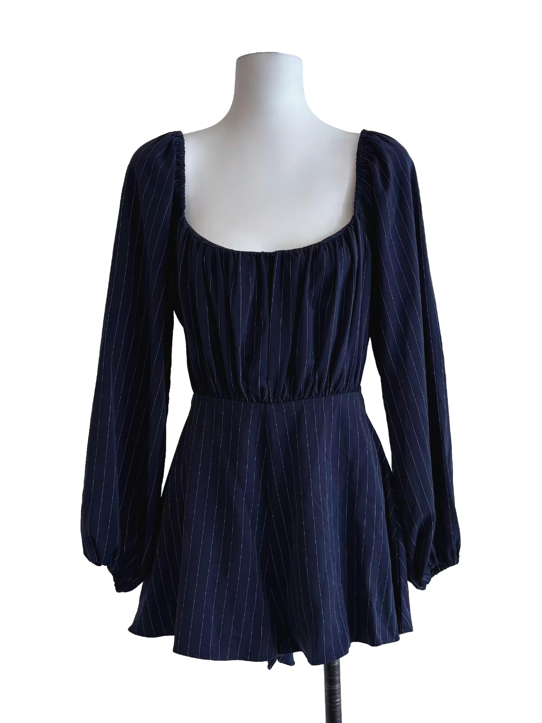 Navy Blue Scoop Neck Striped Romper