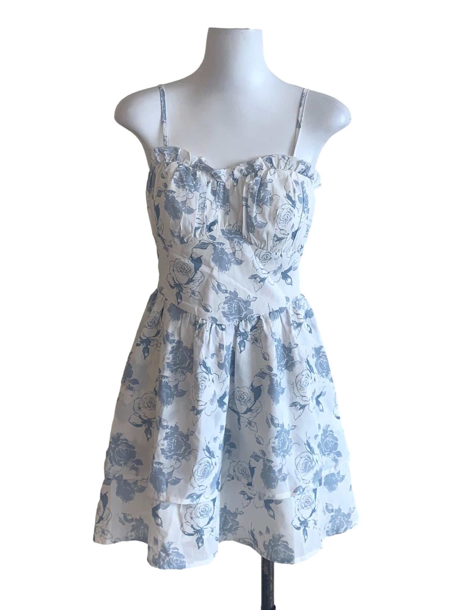 White Blue Floral Pattern Sun Dress