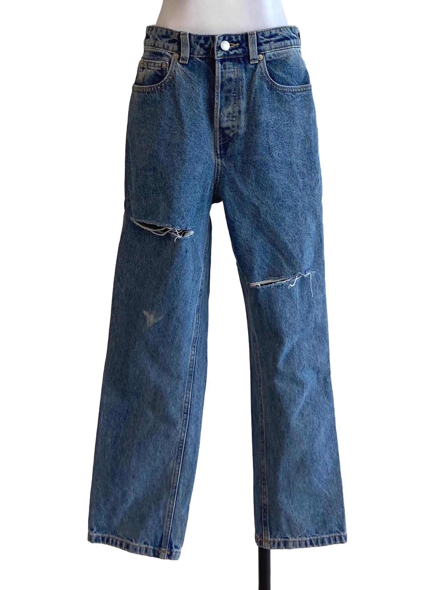 Blue Herringbone Distressed Straight Jeans