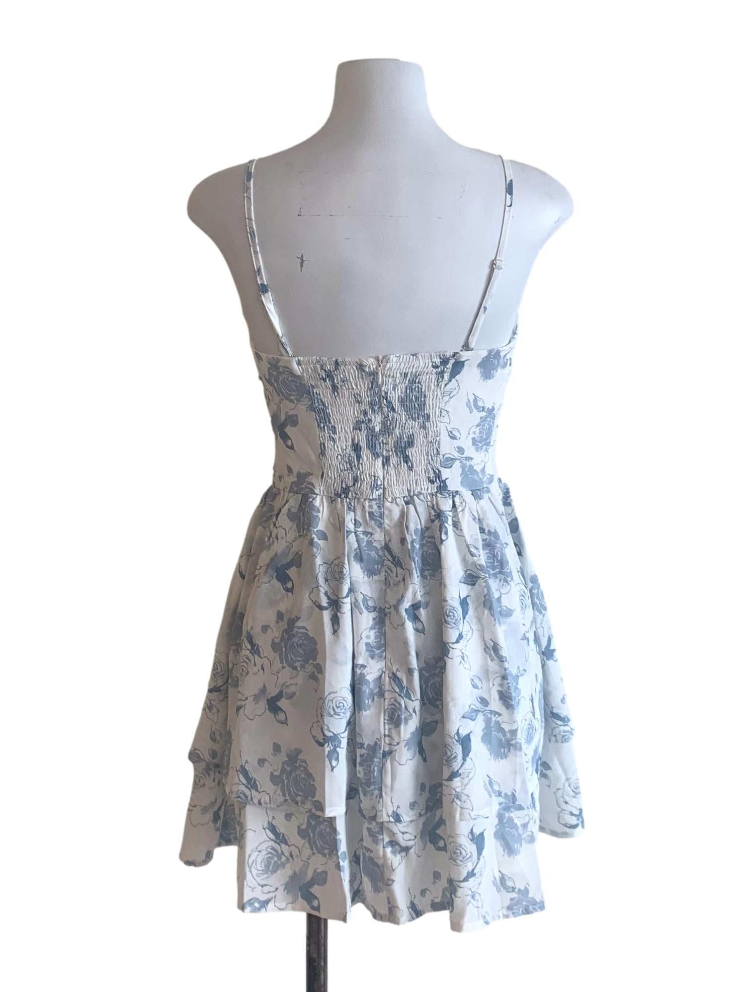 White Blue Floral Pattern Sun Dress