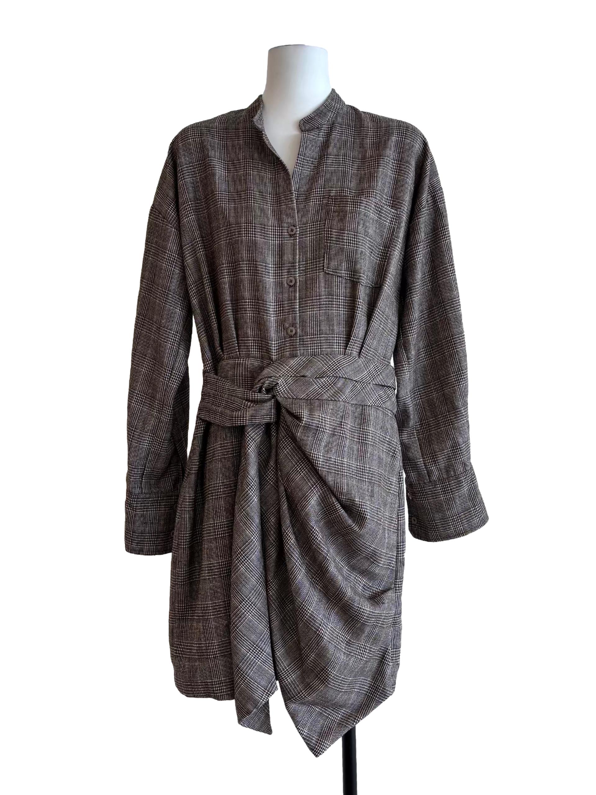 Buff Brown Front Twist Plaid Buttoned Dress
