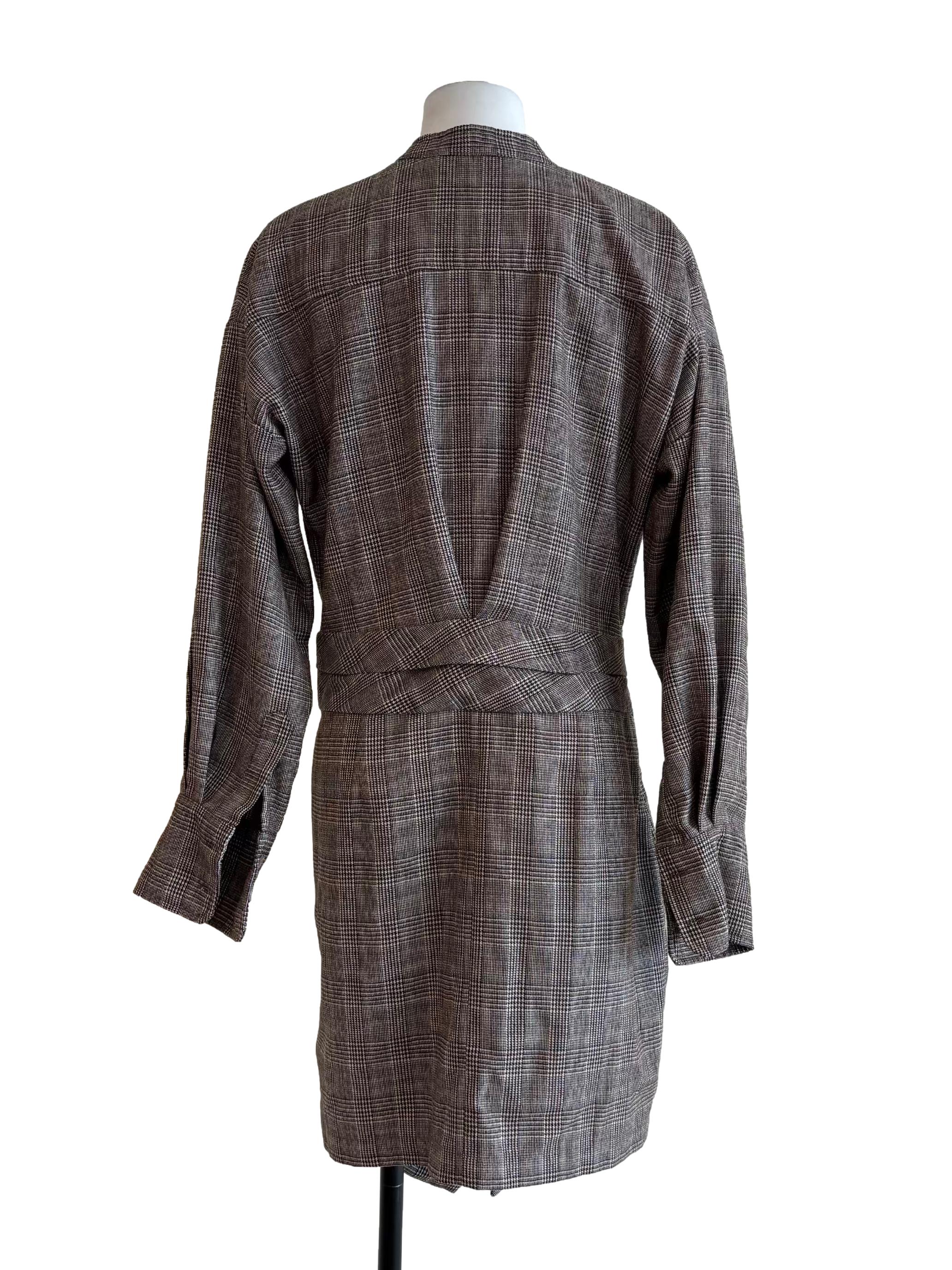 Buff Brown Front Twist Plaid Buttoned Dress
