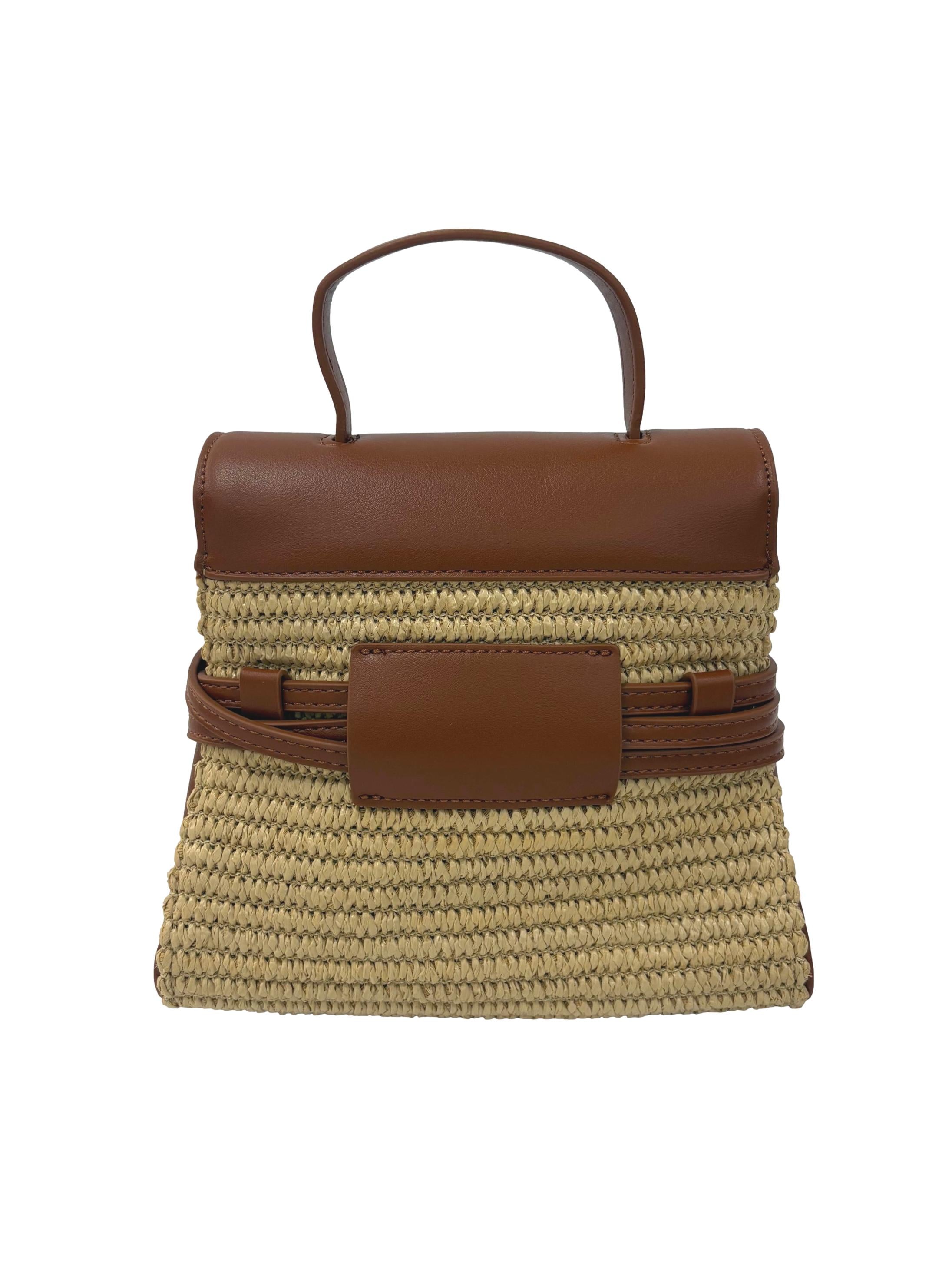 Brown Woven Straw Wrap-Around Buckle Crossbody Bag