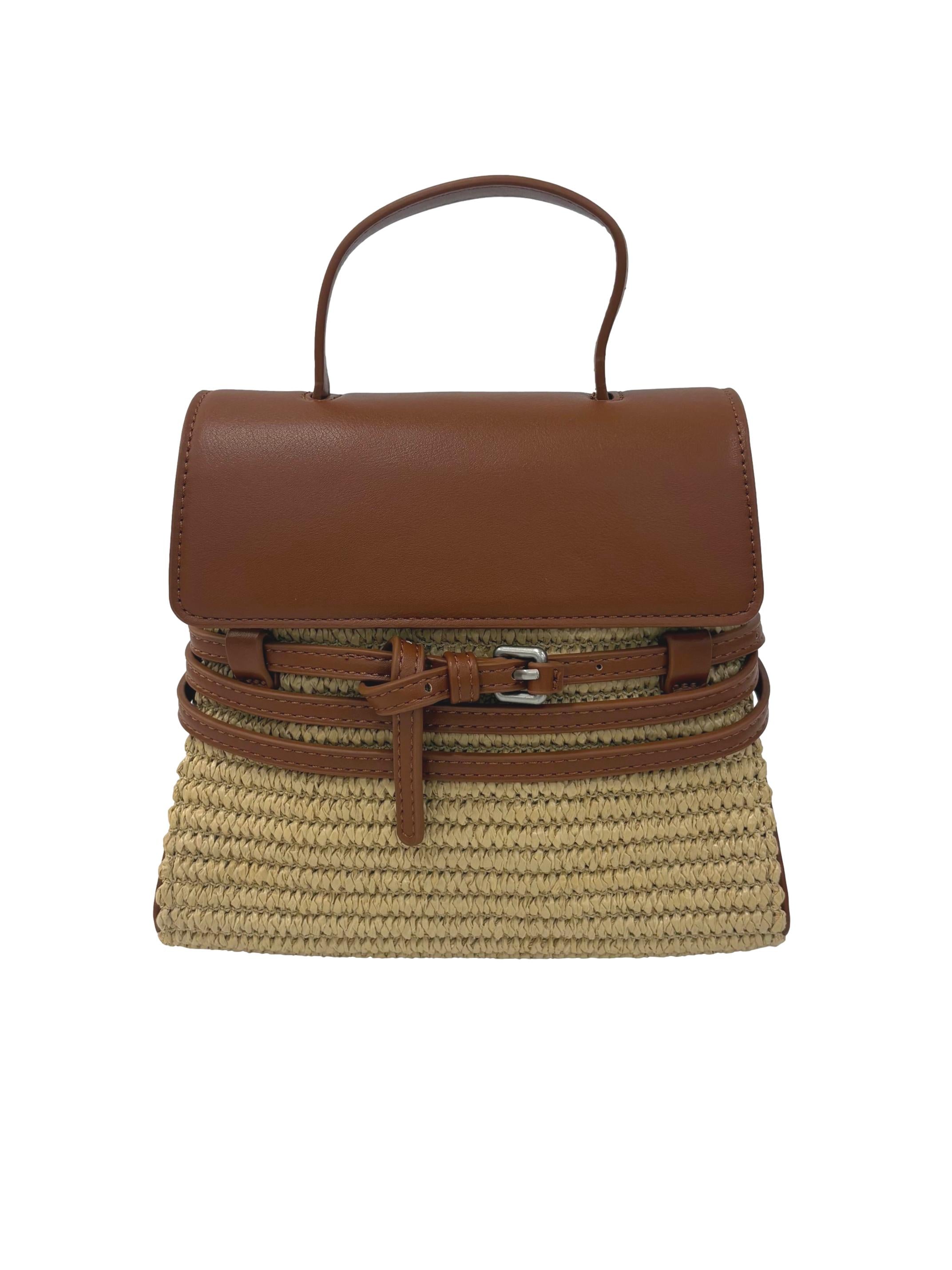 Brown Woven Straw Wrap-Around Buckle Crossbody Bag